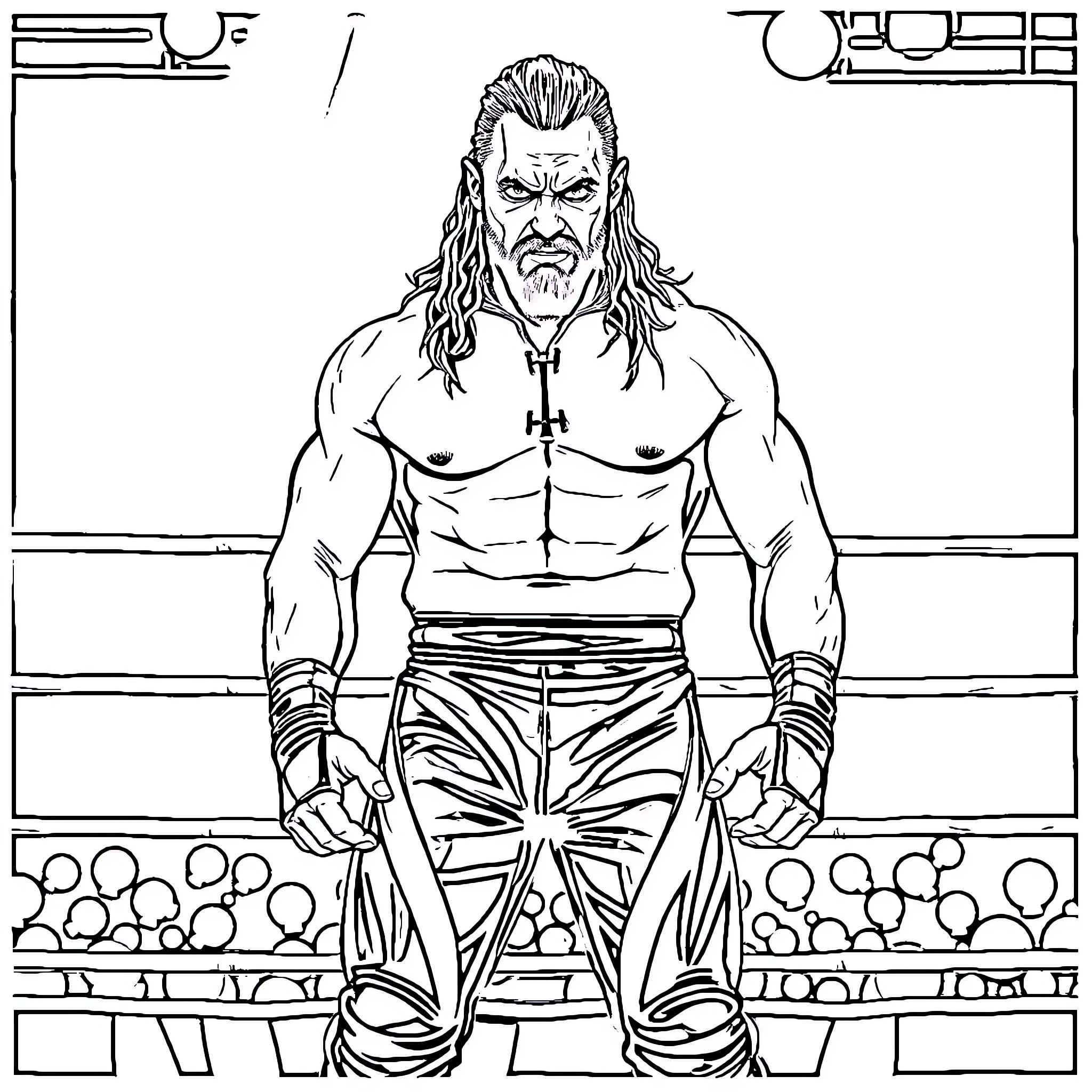 AJ Aggressive Wrestler in the Ring Coloring Page (free black-and-white line drawing printable PDF for all, from beginners to advanced learners, including children, teens, adults, and seniors)