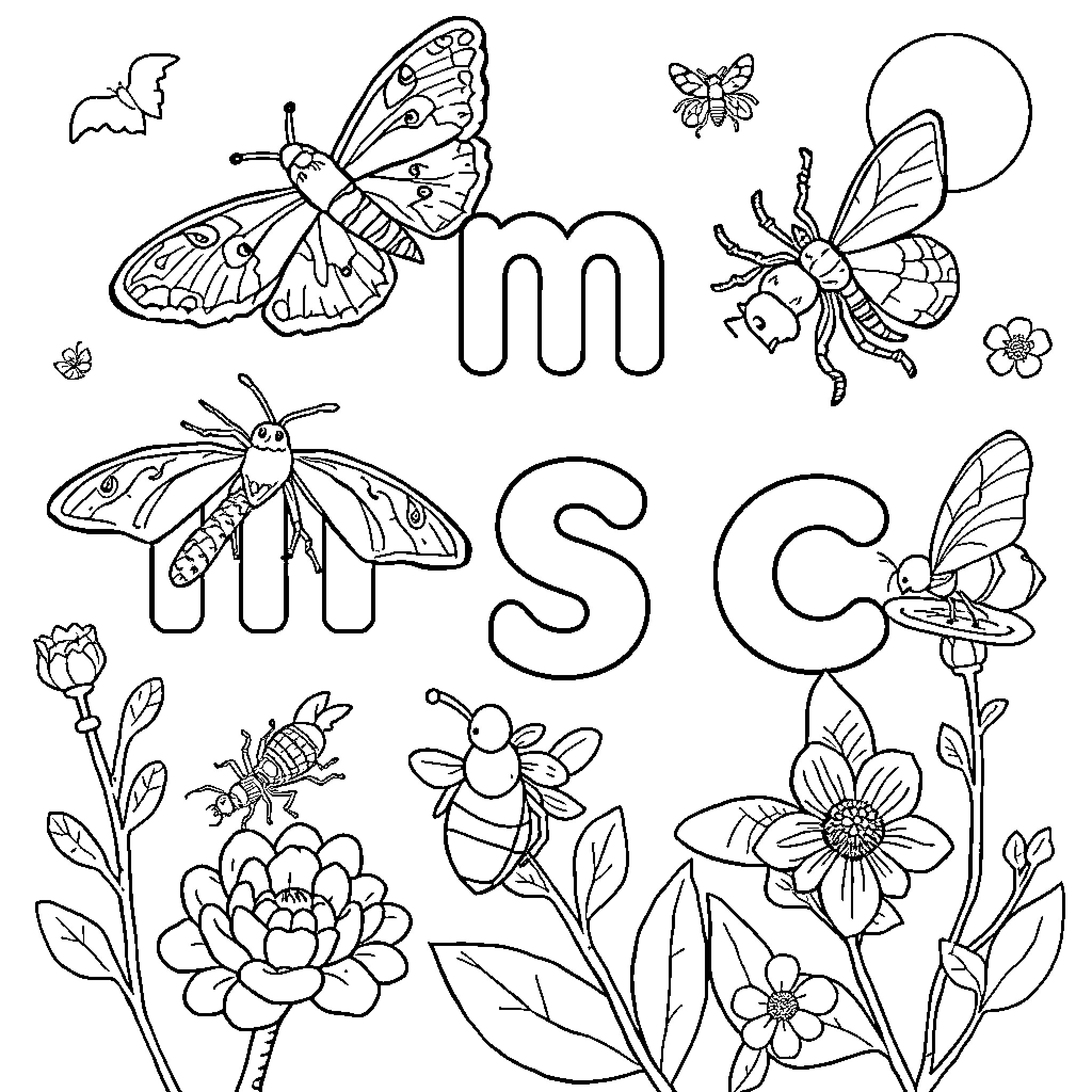 Bug-themed illustration with various insects and flora Coloring Page (free black-and-white line drawing printable PDF for all, from beginners to advanced learners, including children, teens, adults, and seniors)
