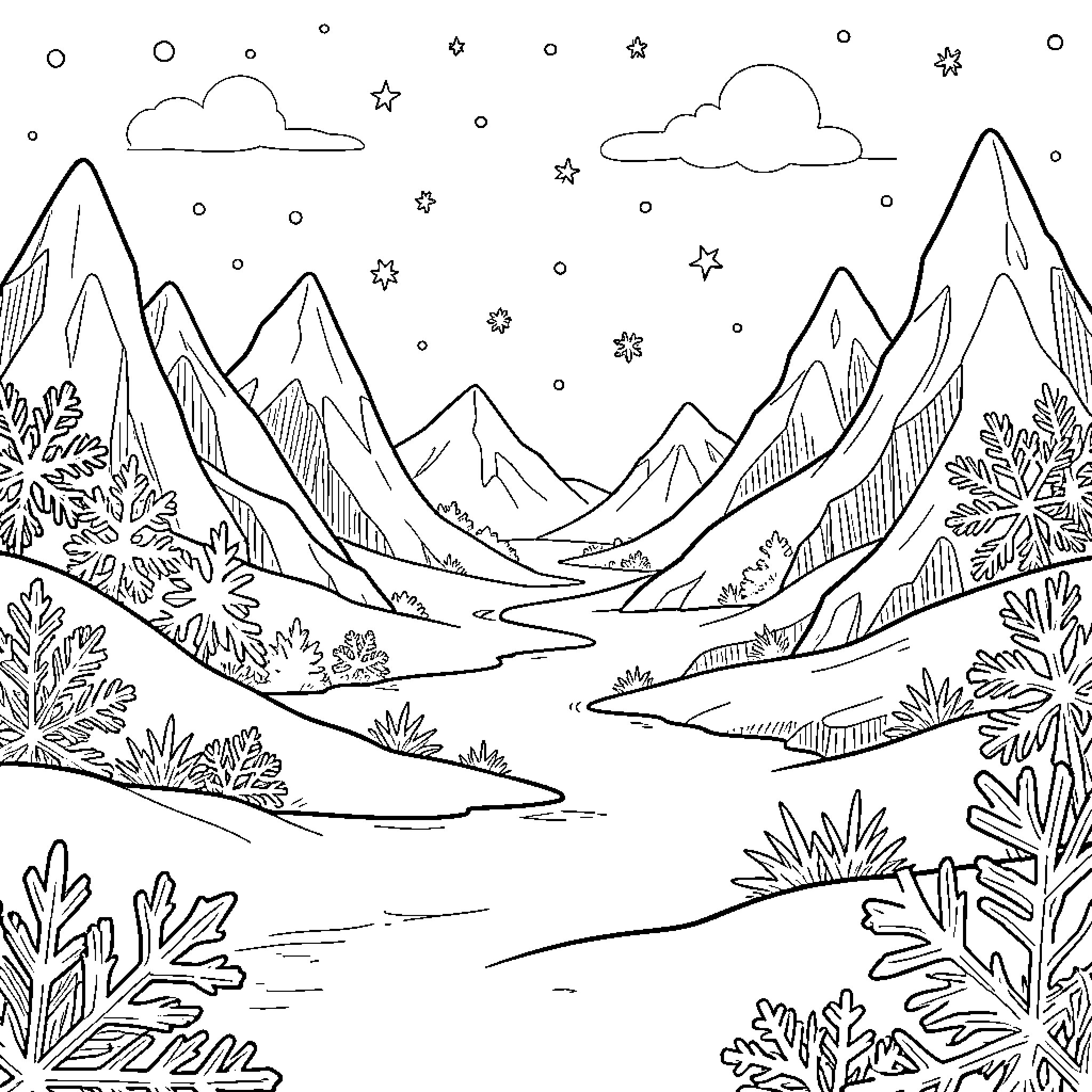 Frozem landscape featuring snowy mountains and snowflakes Coloring Page (free black-and-white line drawing printable PDF for all, from beginners to advanced learners, including children, teens, adults, and seniors)