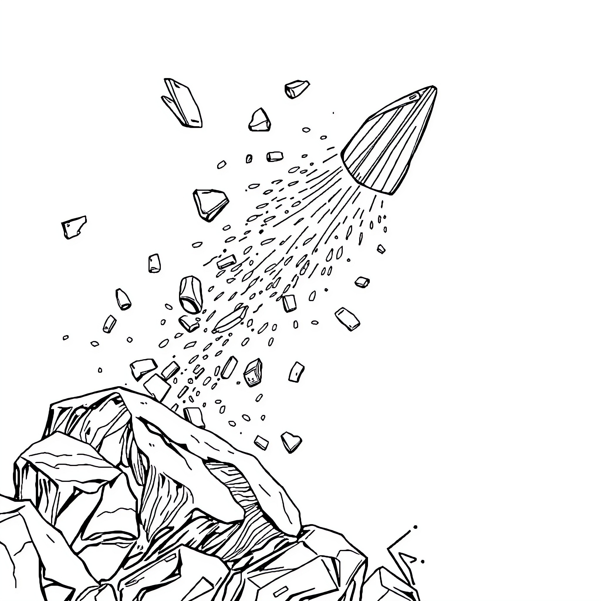 Iron Fragments Shattering and Scattering Coloring Page (free black-and-white line drawing printable PDF for all, from beginners to advanced learners, including children, teens, adults, and seniors)