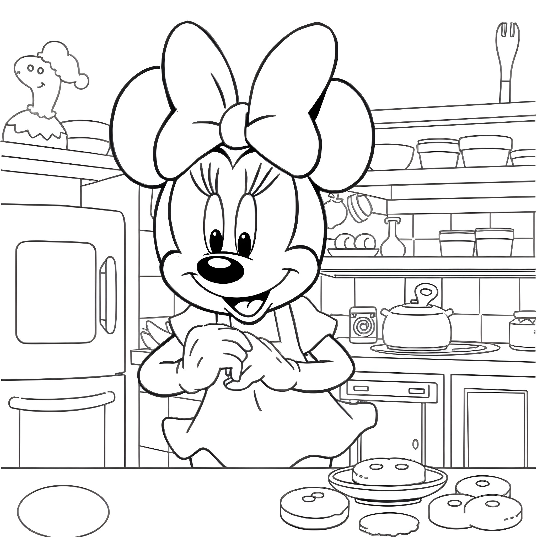 Minnie Mouse baking treats in the kitchen Coloring Page (free black-and-white line drawing printable PDF for all, from beginners to advanced learners, including children, teens, adults, and seniors)