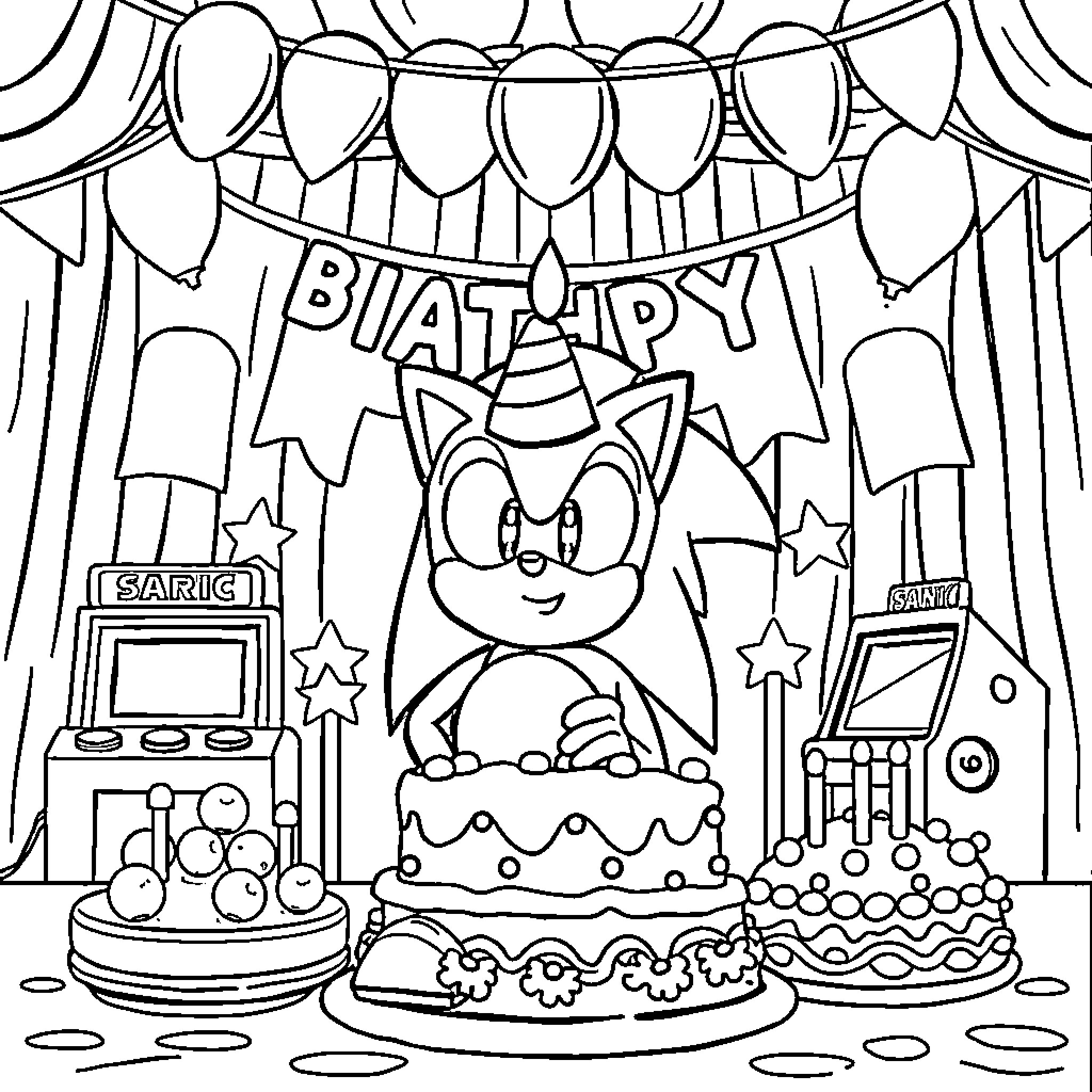 Sonic celebrates birthday party with cake and decorations Coloring Page (free black-and-white line drawing printable PDF for all, from beginners to advanced learners, including children, teens, adults, and seniors)