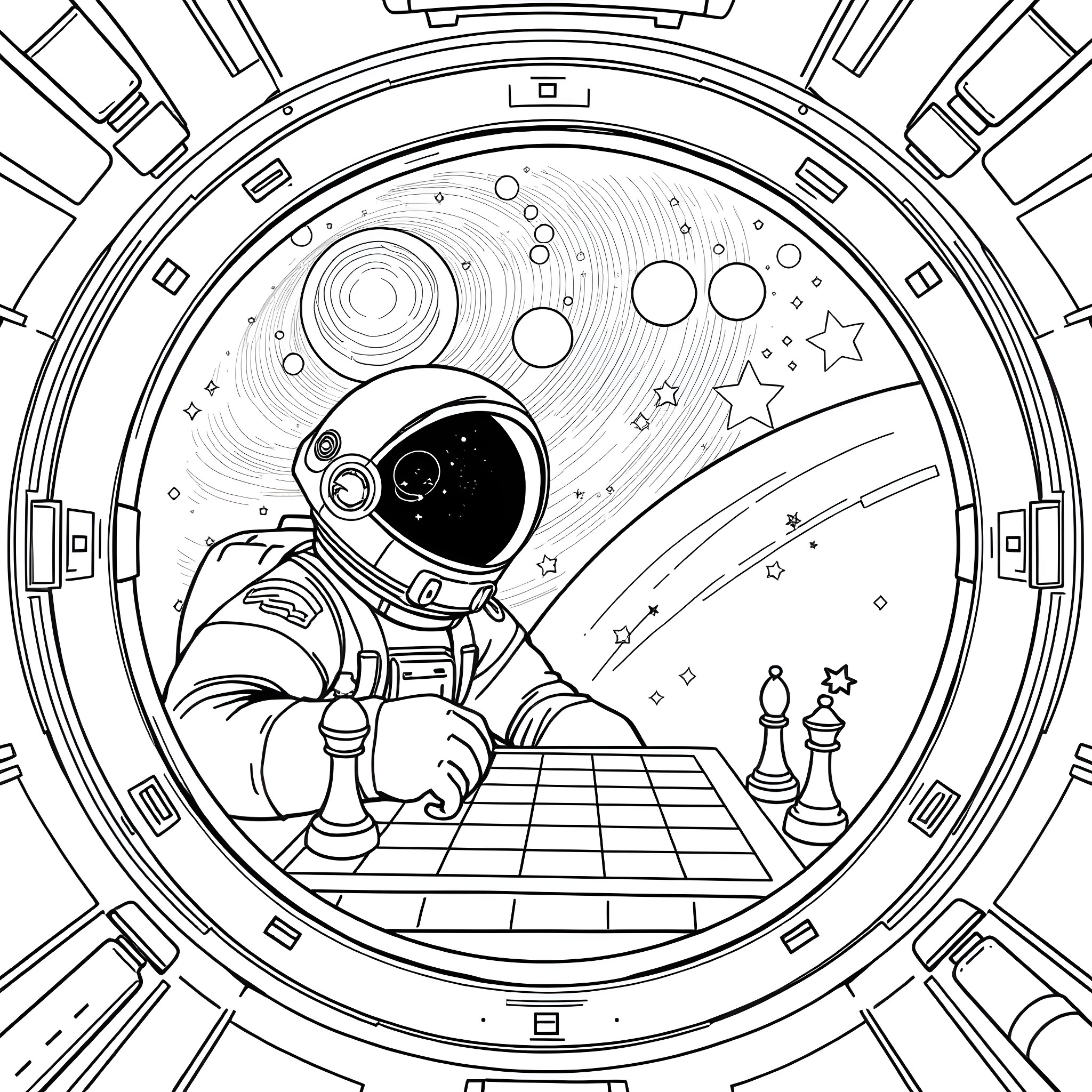 Astronaut playing chess in space Coloring Page (free black-and-white line drawing printable PDF for all, from beginners to advanced learners, including children, teens, adults, and seniors)