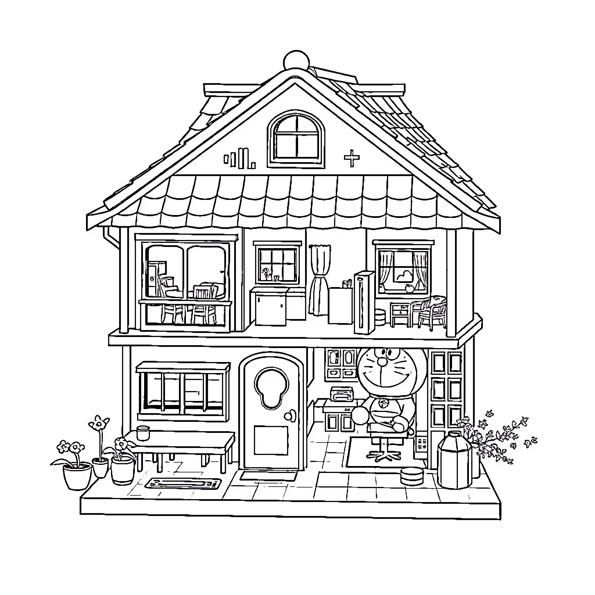 Doraemon exploring the cozy cottage Coloring Page (free black-and-white line drawing printable PDF for all, from beginners to advanced learners, including children, teens, adults, and seniors)