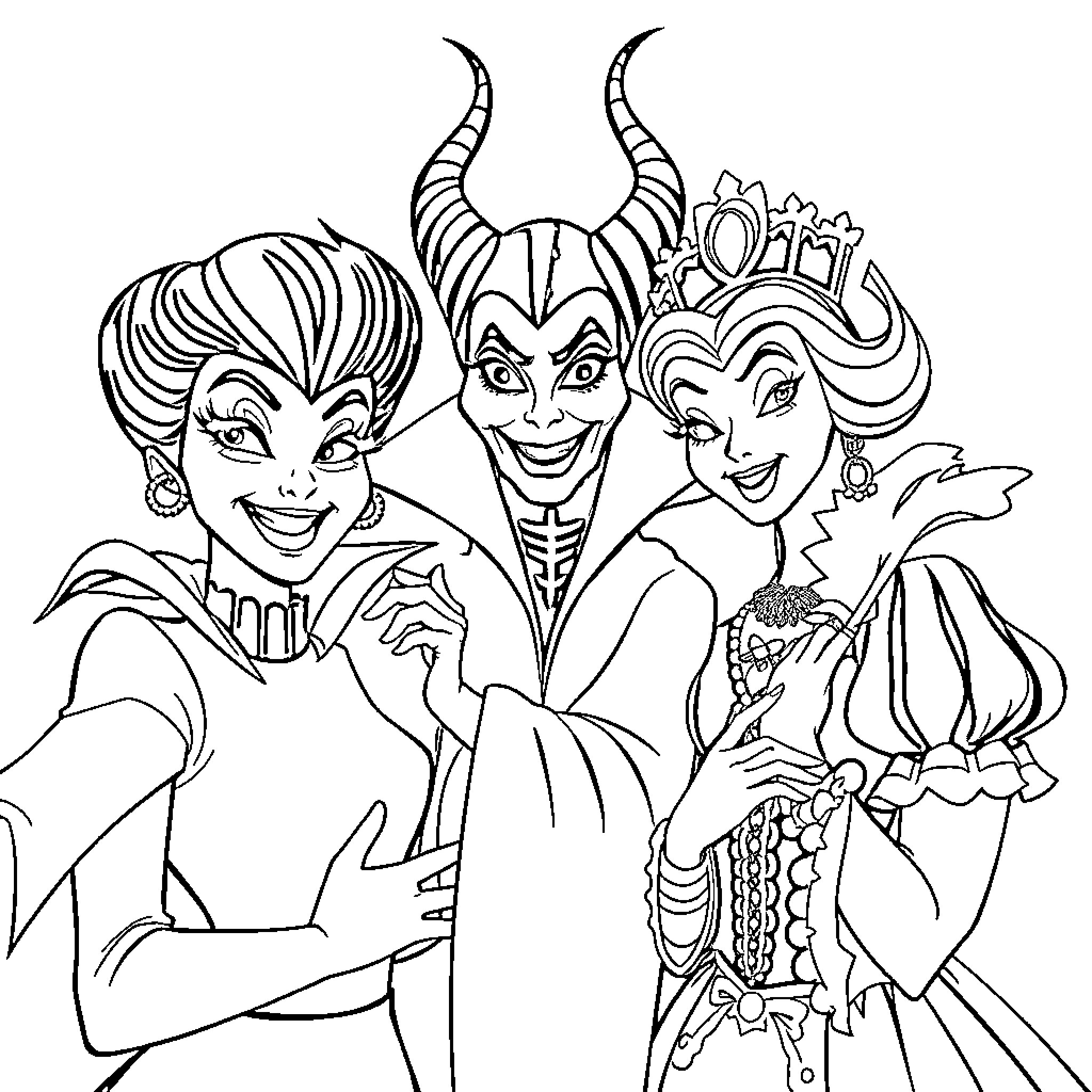 Cruella and her villainous cohorts in theatrical poses Coloring Page (free black-and-white line drawing printable PDF for all, from beginners to advanced learners, including children, teens, adults, and seniors)