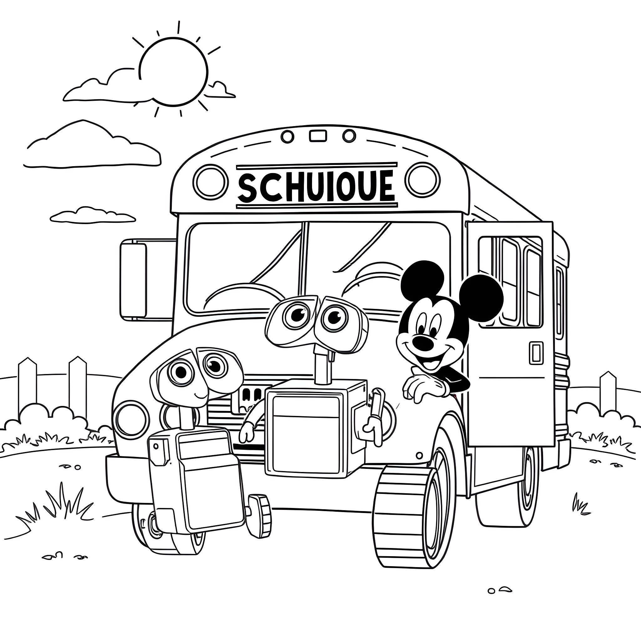 Bus with students and mascot heading to school Coloring Page (free black-and-white line drawing printable PDF for all, from beginners to advanced learners, including children, teens, adults, and seniors)