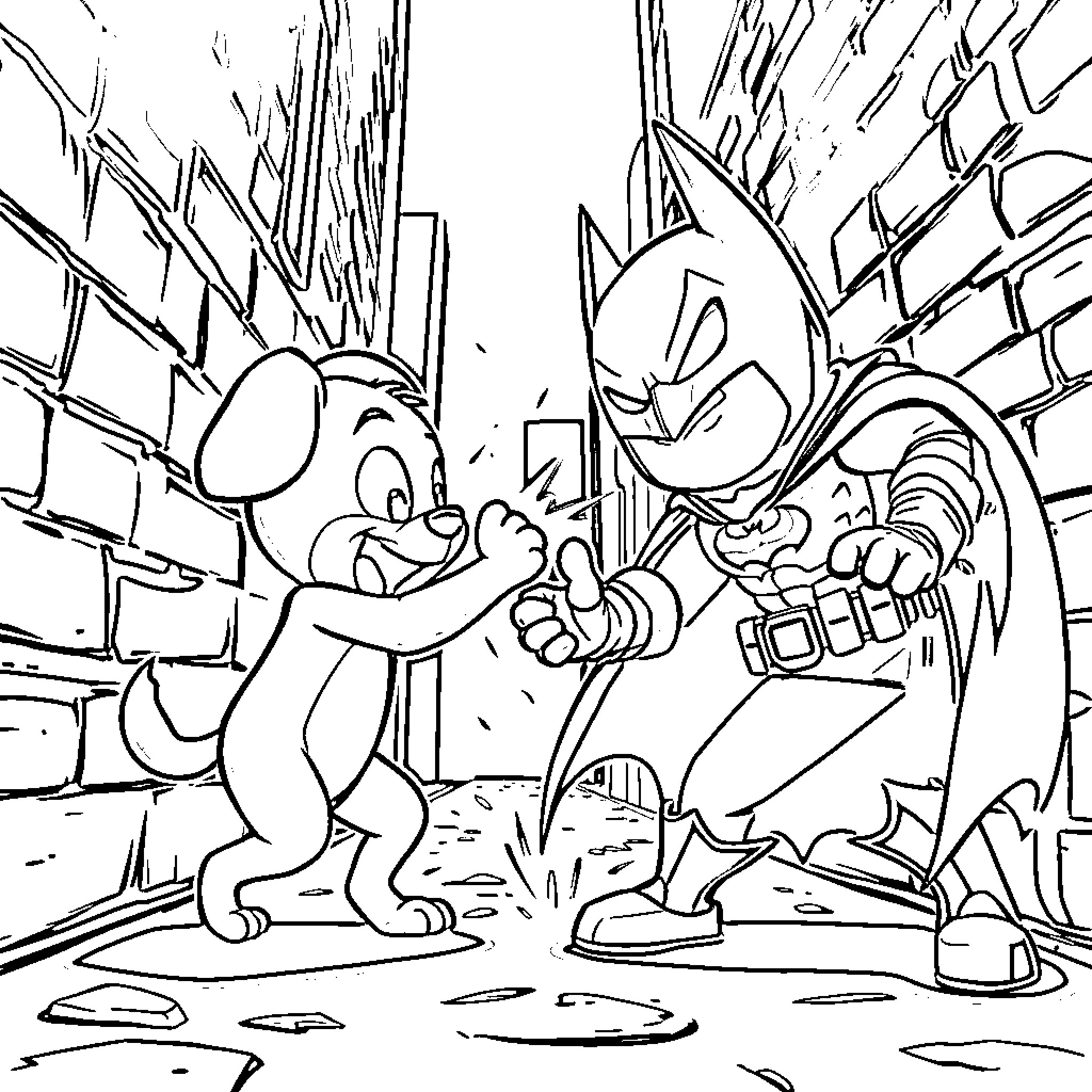 Bluey and Friends Engaged in Playful Combat Coloring Page (free black-and-white line drawing printable PDF for all, from beginners to advanced learners, including children, teens, adults, and seniors)