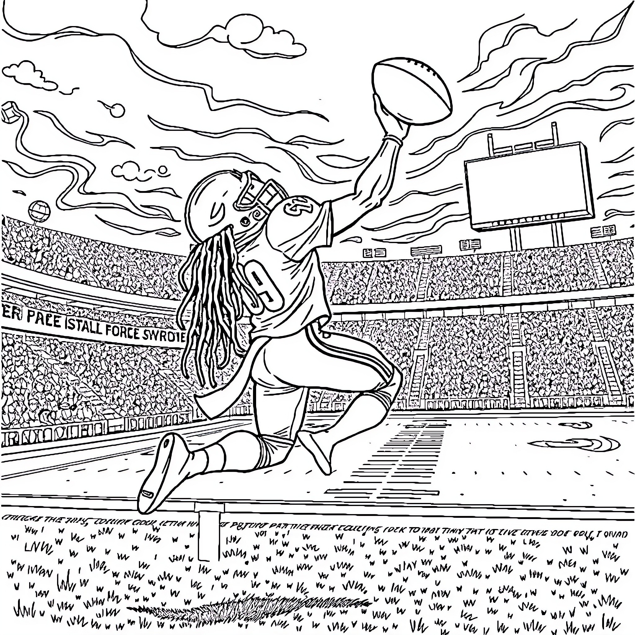 Football Player Scoring a Touchdown in a Stadium Coloring Page (free black-and-white line drawing printable PDF for all, from beginners to advanced learners, including children, teens, adults, and seniors)