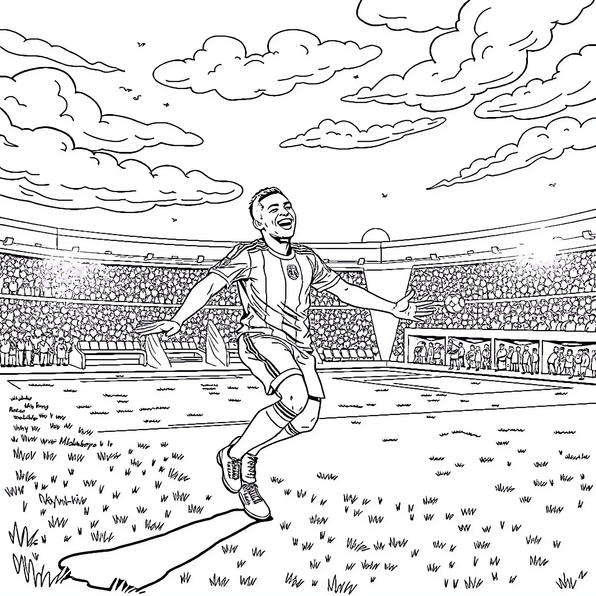 Mbappe celebrating goal in stadium Coloring Page (free black-and-white line drawing printable PDF for all, from beginners to advanced learners, including children, teens, adults, and seniors)