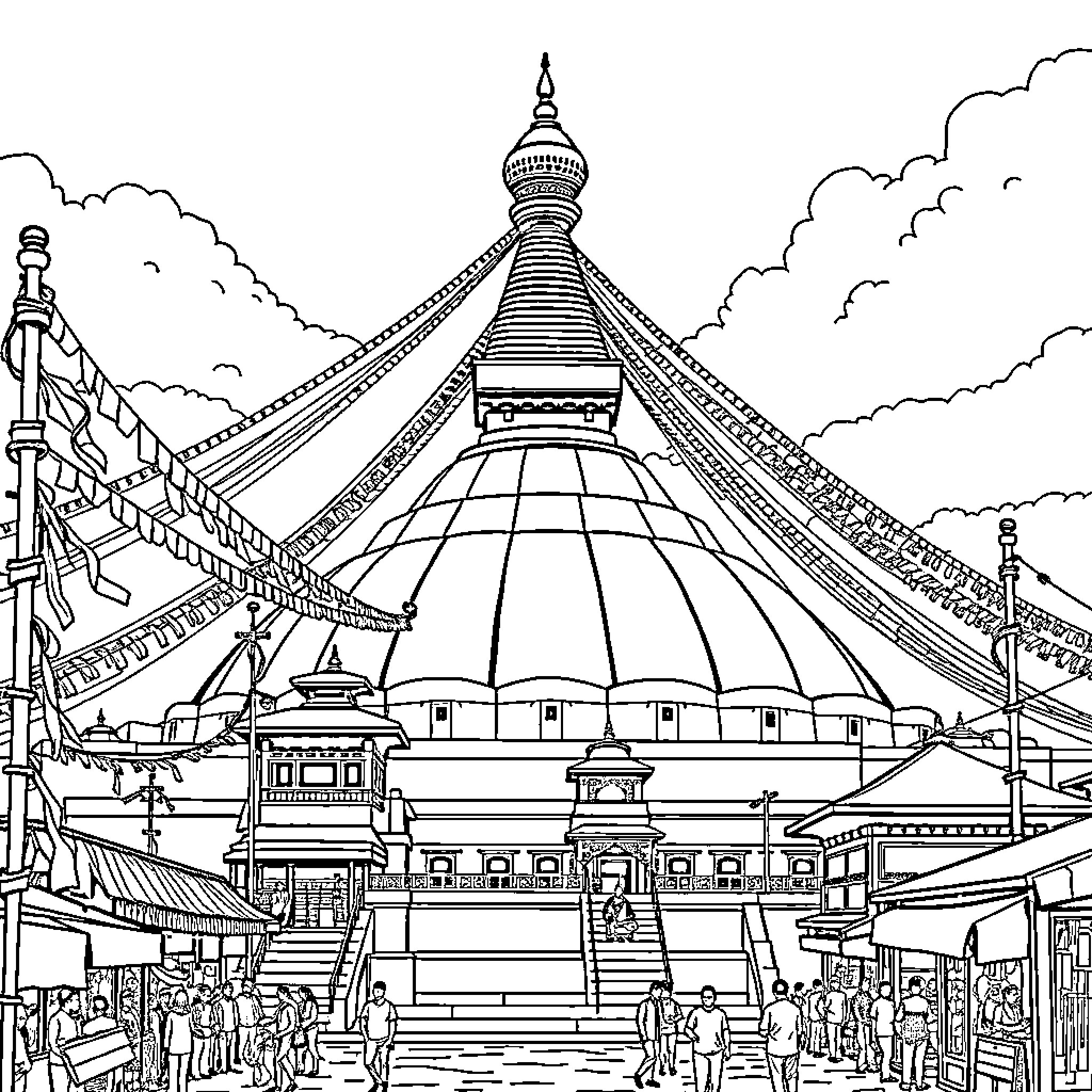 Buddha's Majestic Temple in the Bustling City Coloring Page (free black-and-white line drawing printable PDF for all, from beginners to advanced learners, including children, teens, adults, and seniors)