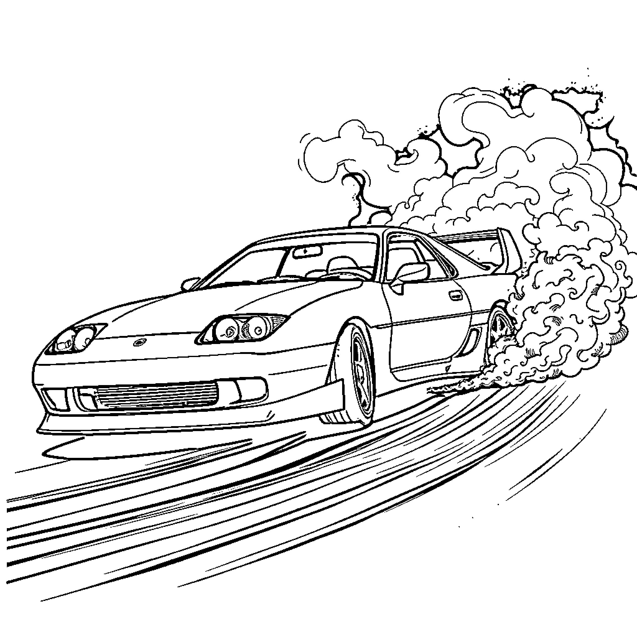 Supra racing at high speed with smoke Coloring Page (free black-and-white line drawing printable PDF for all, from beginners to advanced learners, including children, teens, adults, and seniors)