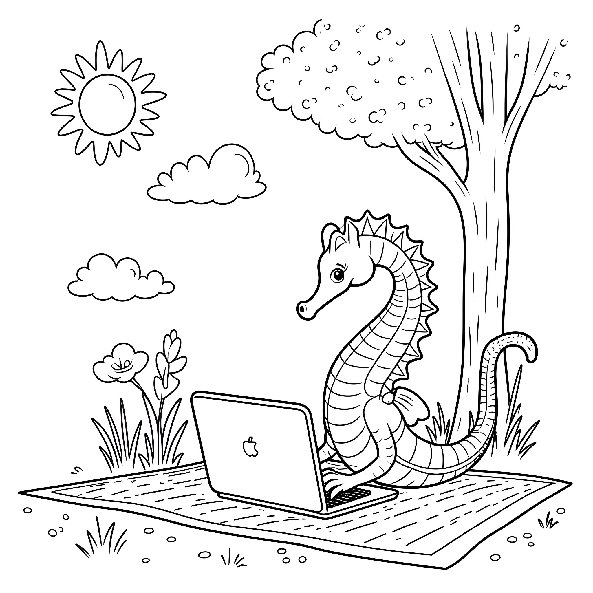 Seahorse typing on a laptop in the nature Coloring Page (free black-and-white line drawing printable PDF for all, from beginners to advanced learners, including children, teens, adults, and seniors)