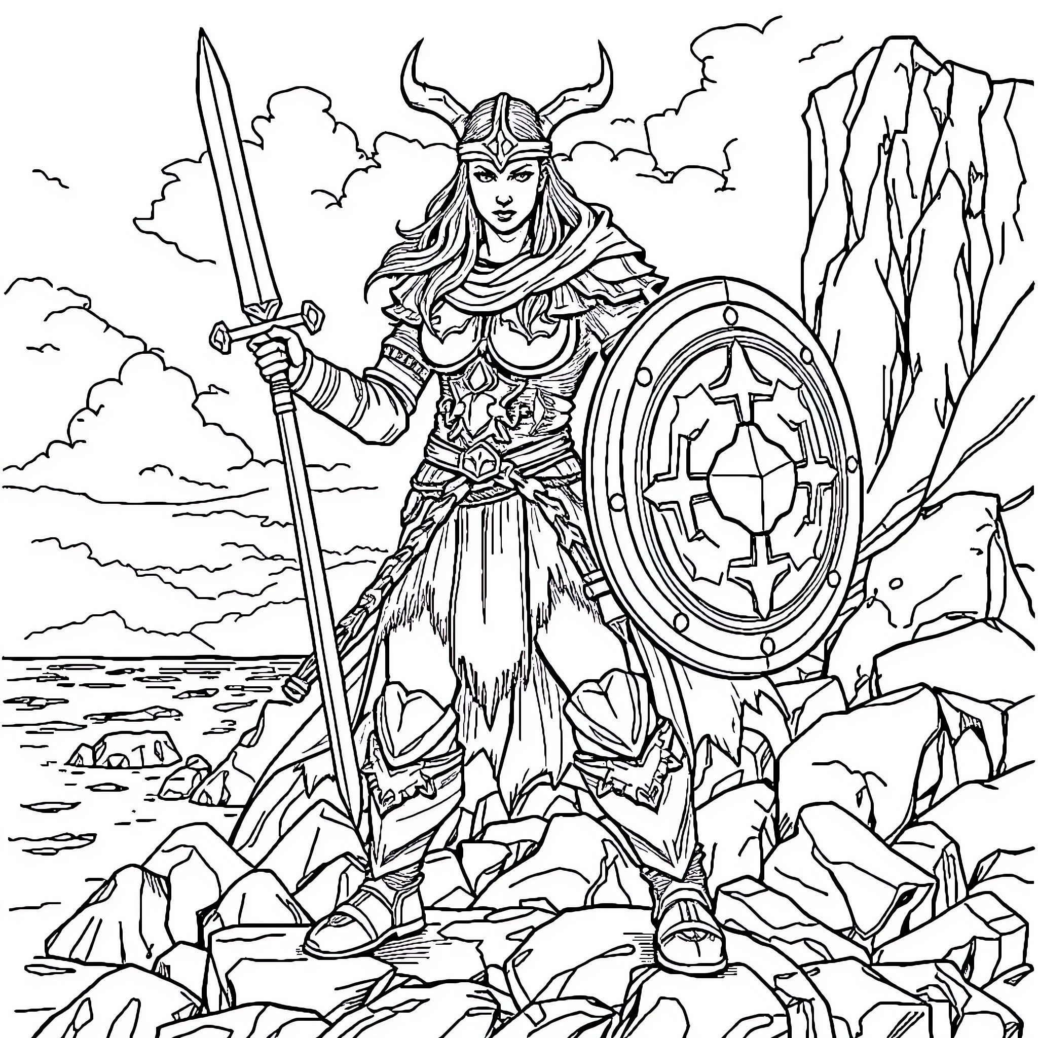 Viking Woman Warrior Stands Tall with Sword and Shield Coloring Page (free black-and-white line drawing printable PDF for all, from beginners to advanced learners, including children, teens, adults, and seniors)
