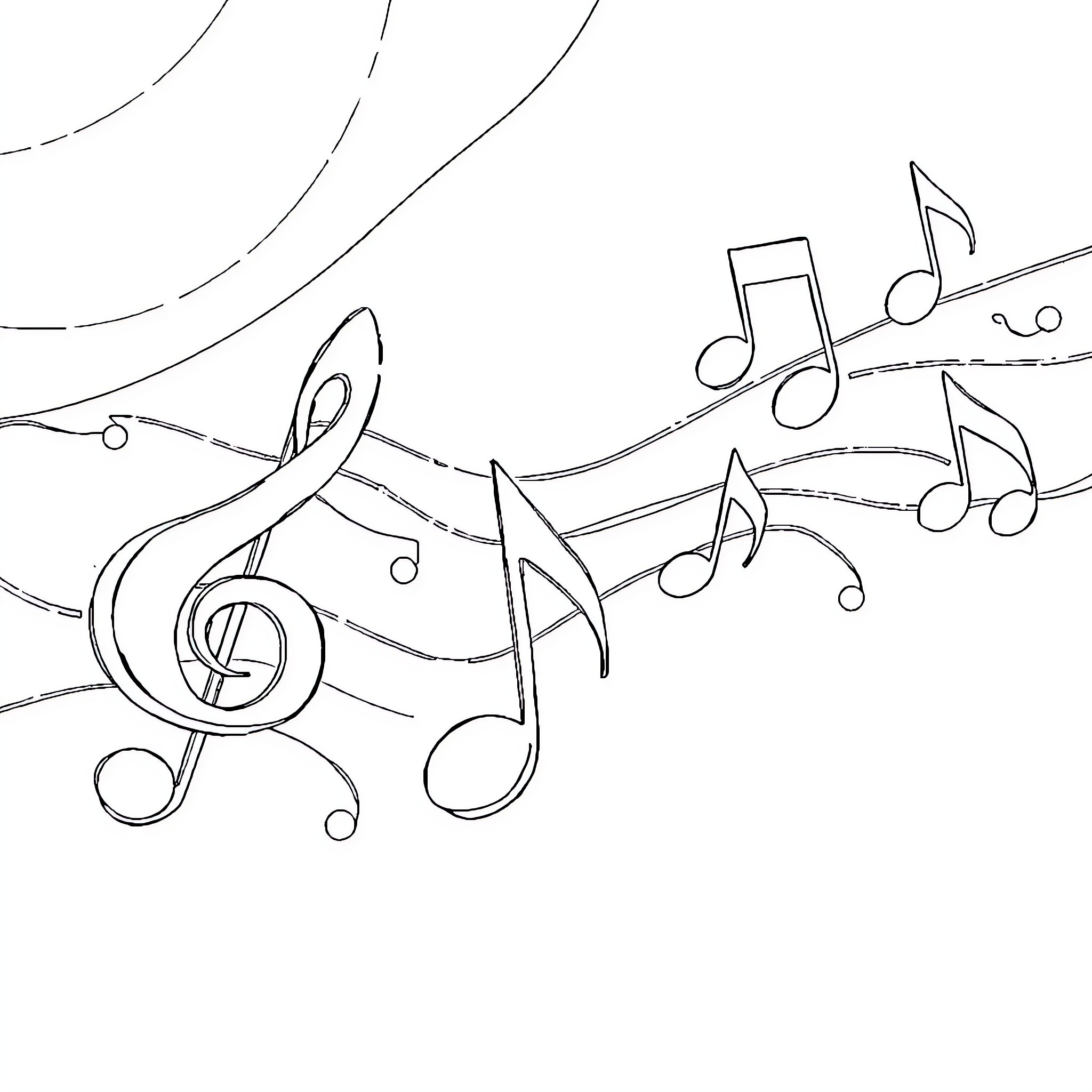 Music Notes Dancing in the Air Coloring Page (free black-and-white line drawing printable PDF for all, from beginners to advanced learners, including children, teens, adults, and seniors)