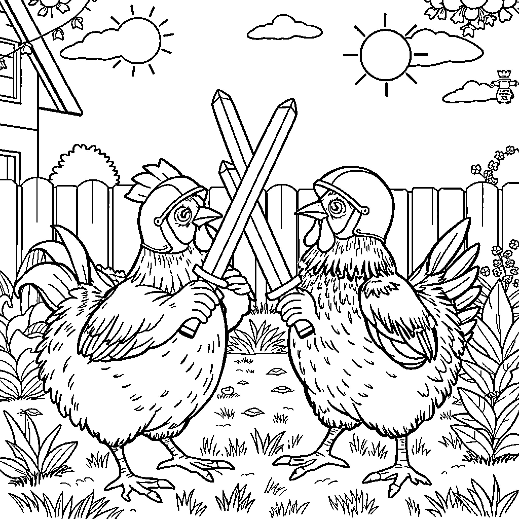 Chickens exploring a vibrant garden scene Coloring Page (free black-and-white line drawing printable PDF for all, from beginners to advanced learners, including children, teens, adults, and seniors)
