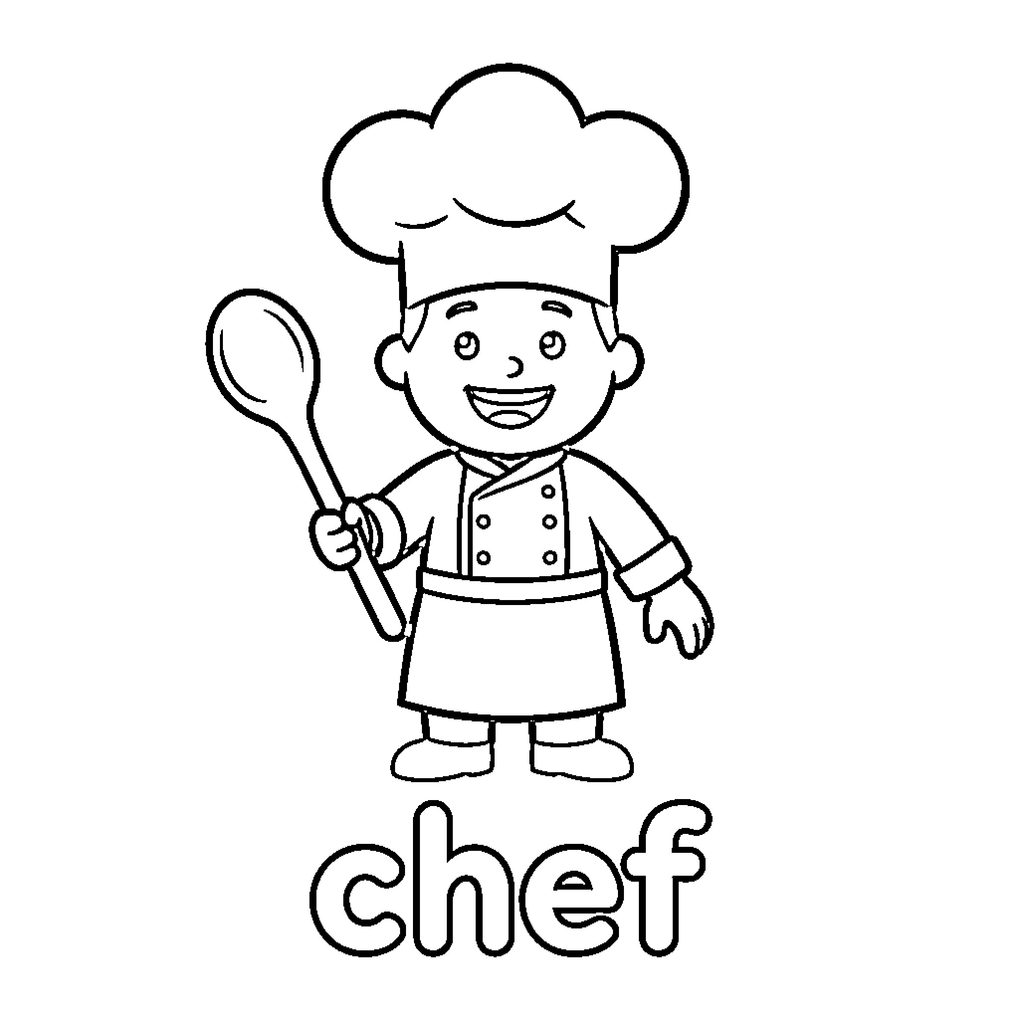 Chef in Uniform Happily Holding Spoon Coloring Page (free black-and-white line drawing printable PDF for all, from beginners to advanced learners, including children, teens, adults, and seniors)