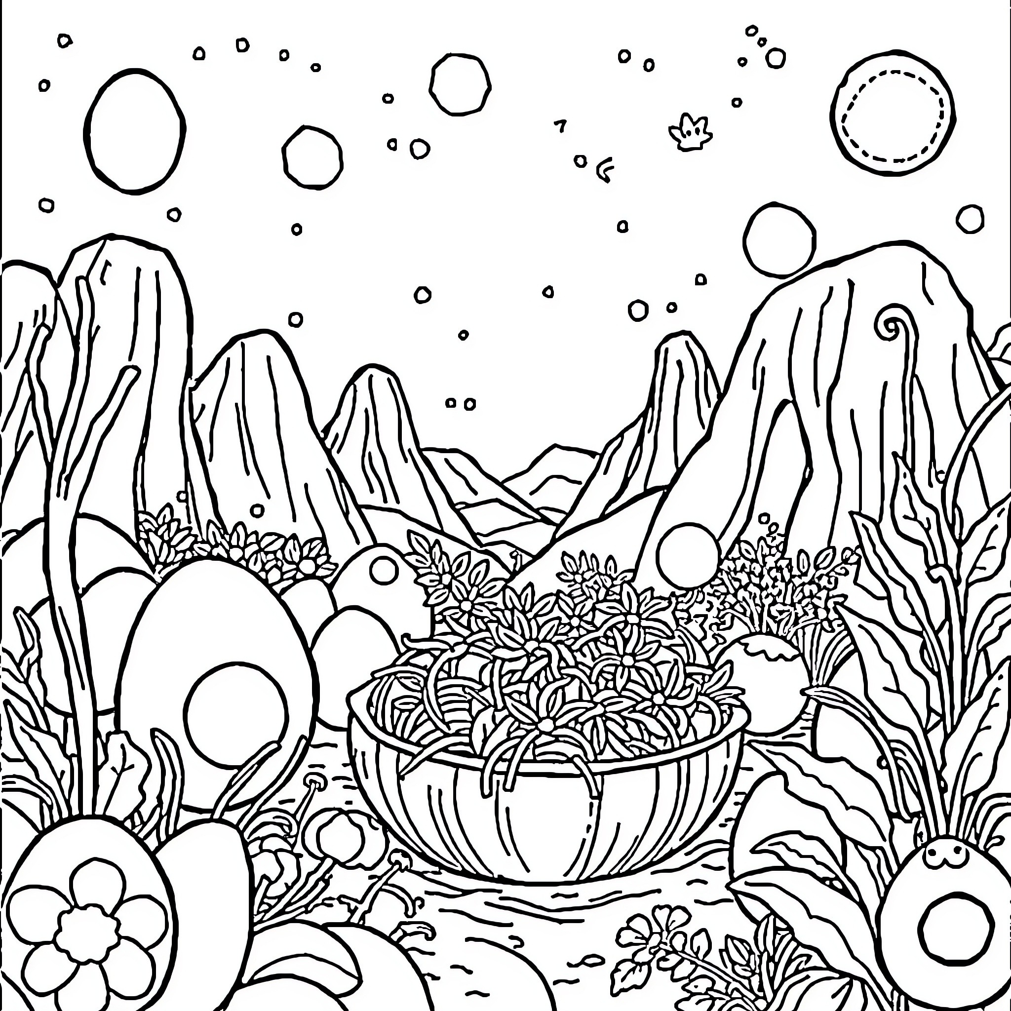 Egg-shaped Bubbles and Floral Landscape Coloring Page (free black-and-white line drawing printable PDF for all, from beginners to advanced learners, including children, teens, adults, and seniors)