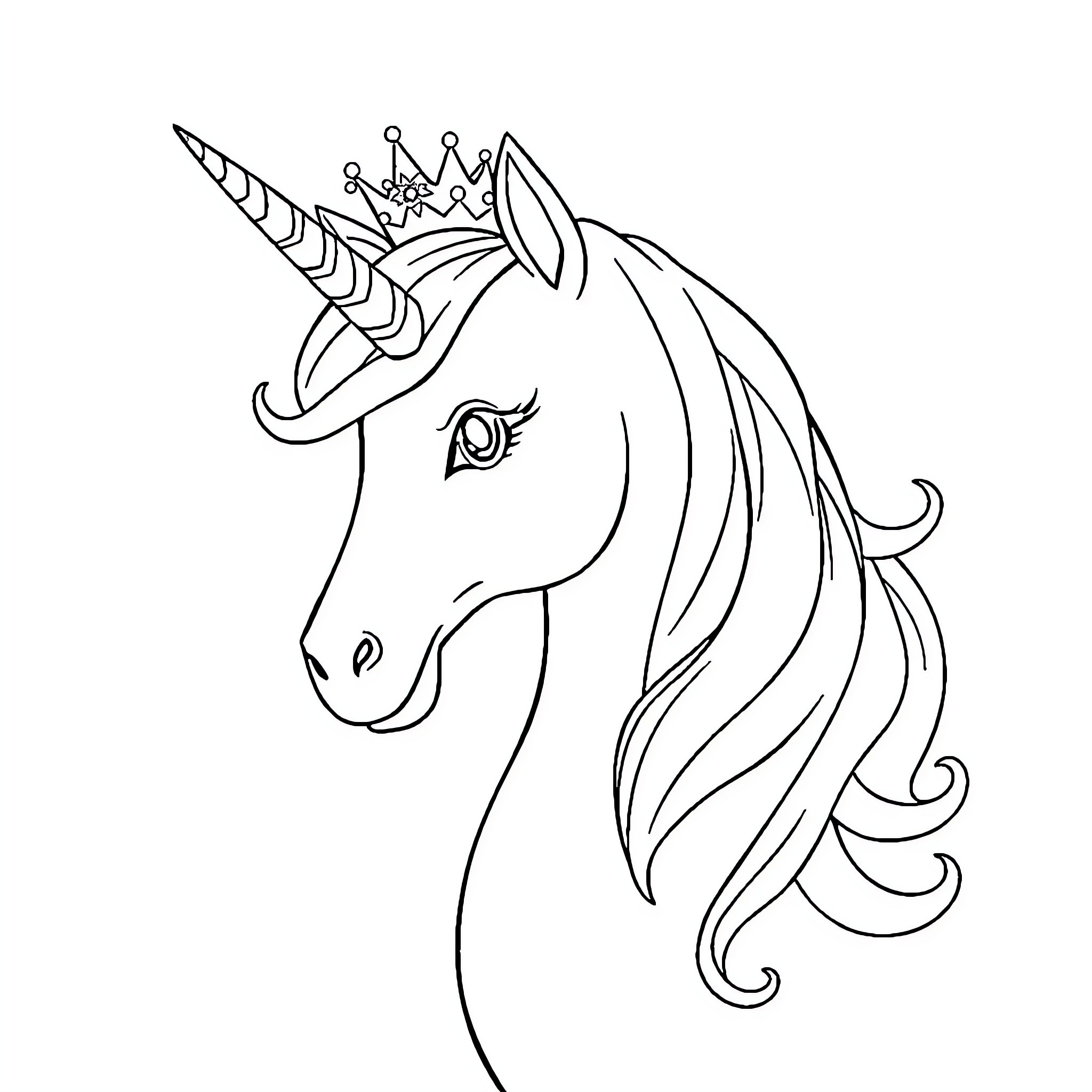Unicorn with crown and flowing mane Coloring Page (free black-and-white line drawing printable PDF for all, from beginners to advanced learners, including children, teens, adults, and seniors)