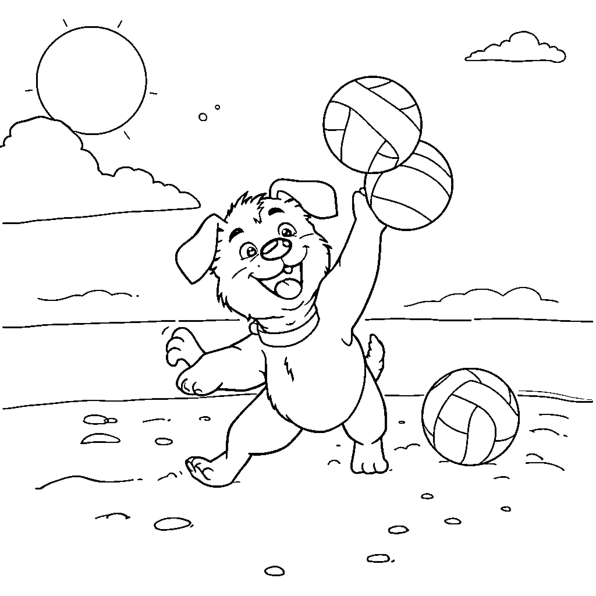 Puppy playing joyfully with beach balls Coloring Page (free black-and-white line drawing printable PDF for all, from beginners to advanced learners, including children, teens, adults, and seniors)
