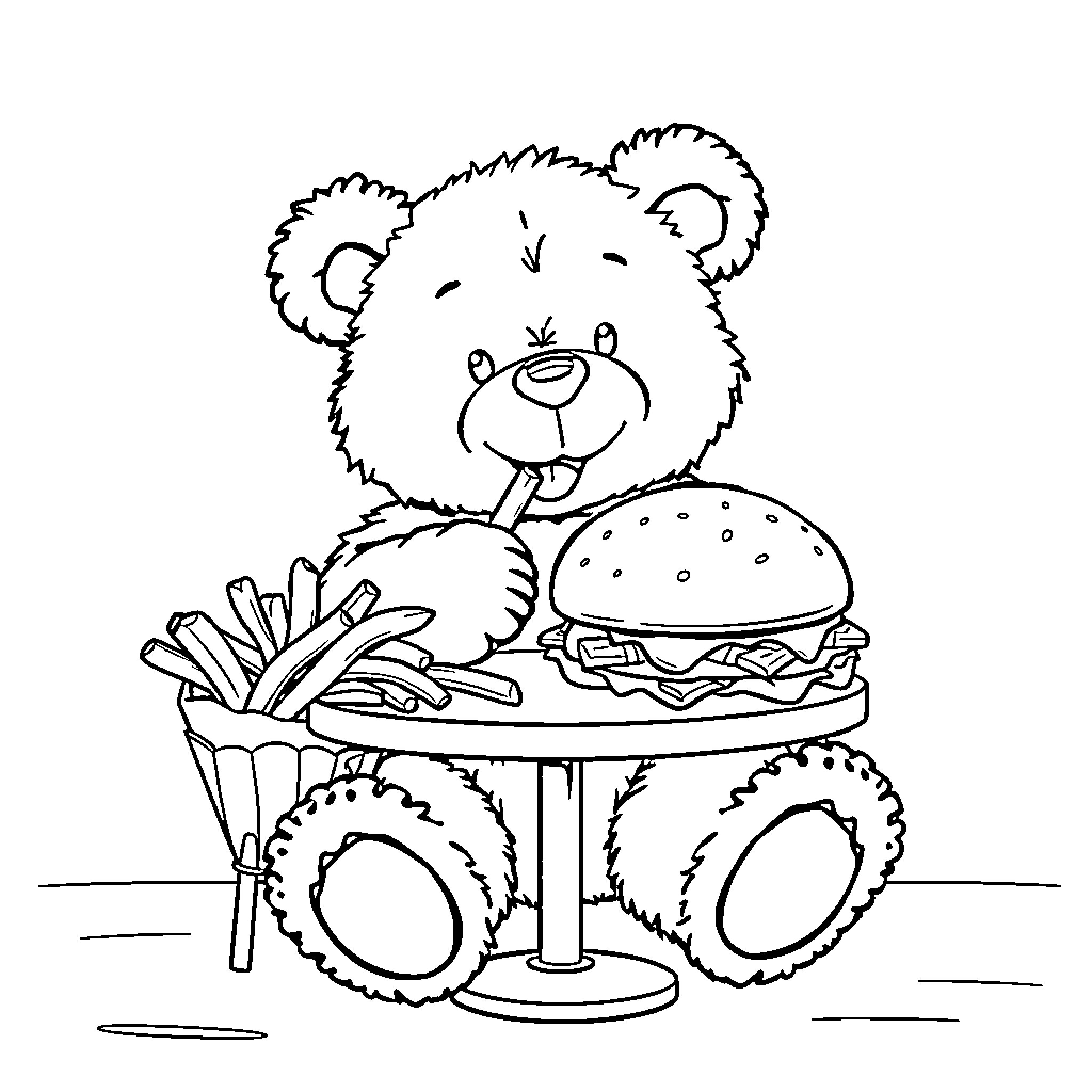 Teddy Bear enjoying a tasty meal Coloring Page (free black-and-white line drawing printable PDF for all, from beginners to advanced learners, including children, teens, adults, and seniors)