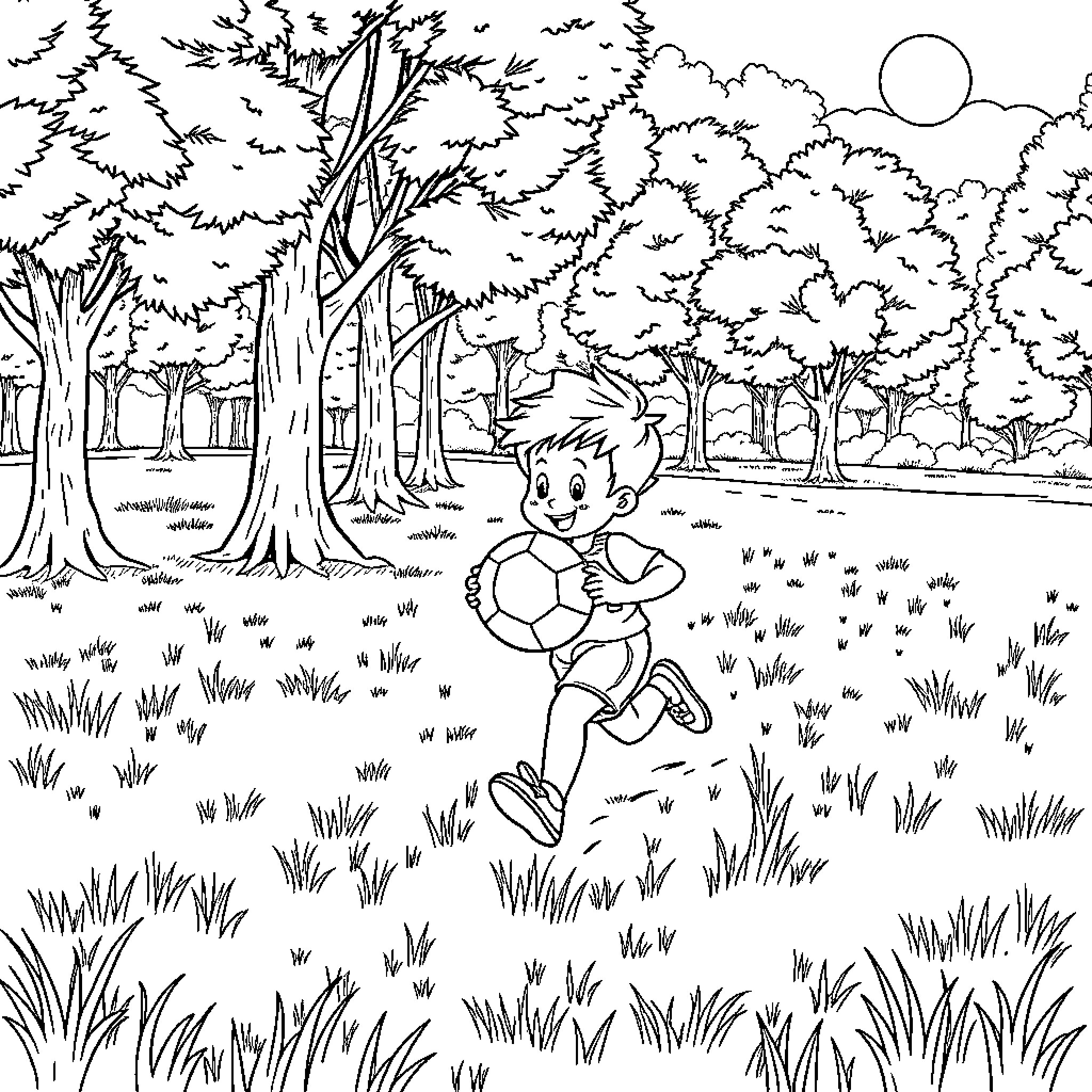 Child playing with soccer ball in forest Coloring Page (free black-and-white line drawing printable PDF for all, from beginners to advanced learners, including children, teens, adults, and seniors)