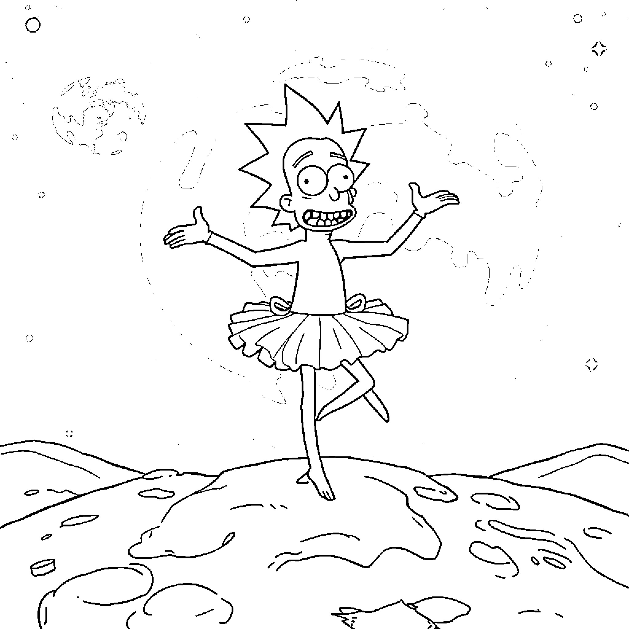 Rick Sanchez dancing joyfully in a whimsical landscape Coloring Page (free black-and-white line drawing printable PDF for all, from beginners to advanced learners, including children, teens, adults, and seniors)