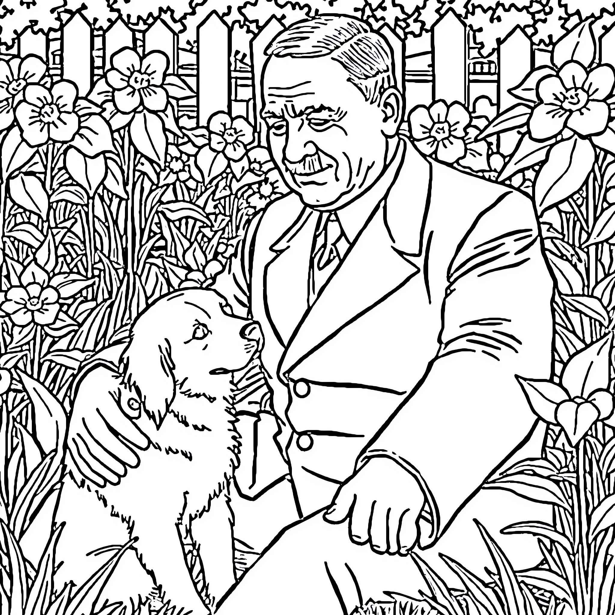 Dog and man seated in a garden Coloring Page (free black-and-white line drawing printable PDF for all, from beginners to advanced learners, including children, teens, adults, and seniors)