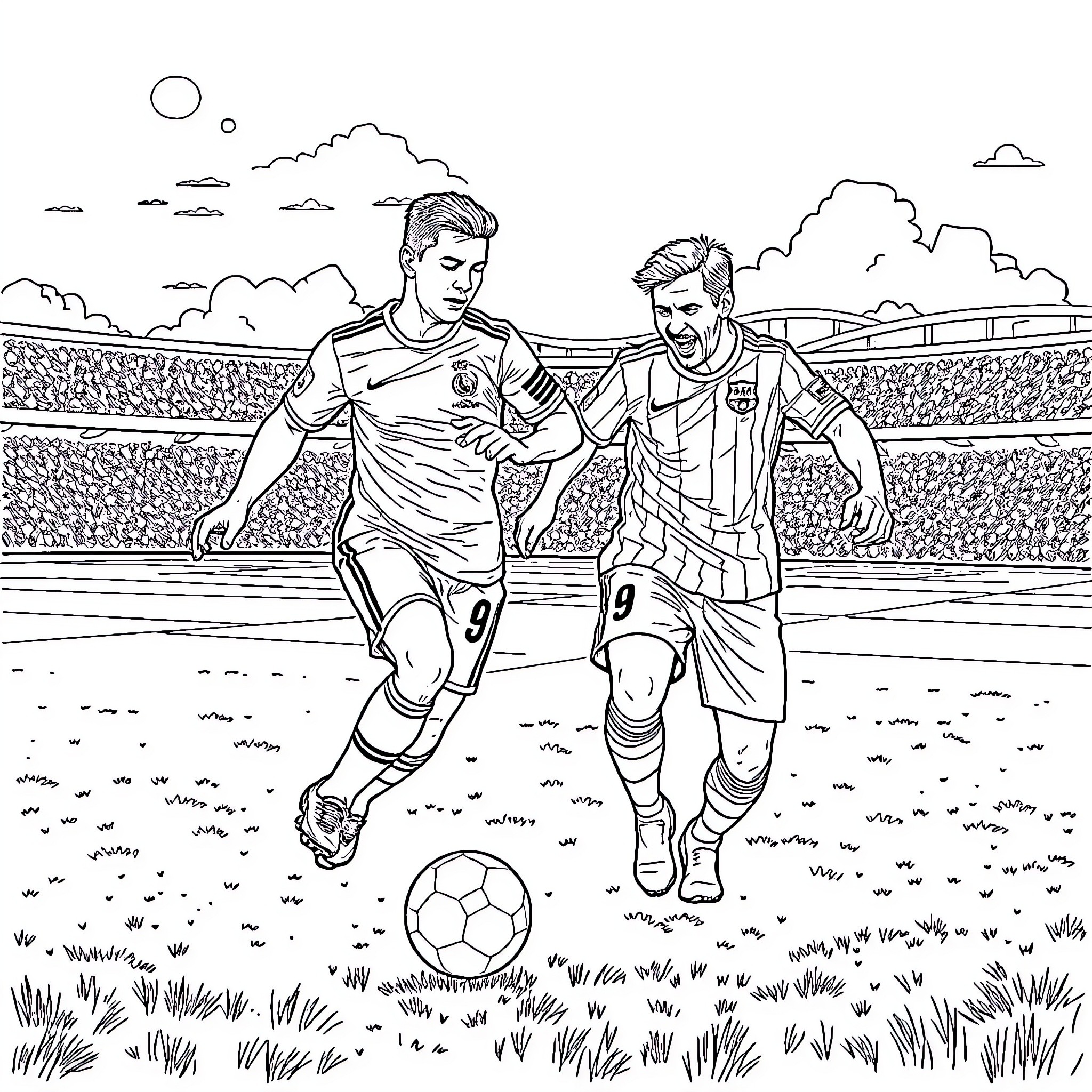 Cristiano and teammate competing in a soccer match Coloring Page (free black-and-white line drawing printable PDF for all, from beginners to advanced learners, including children, teens, adults, and seniors)