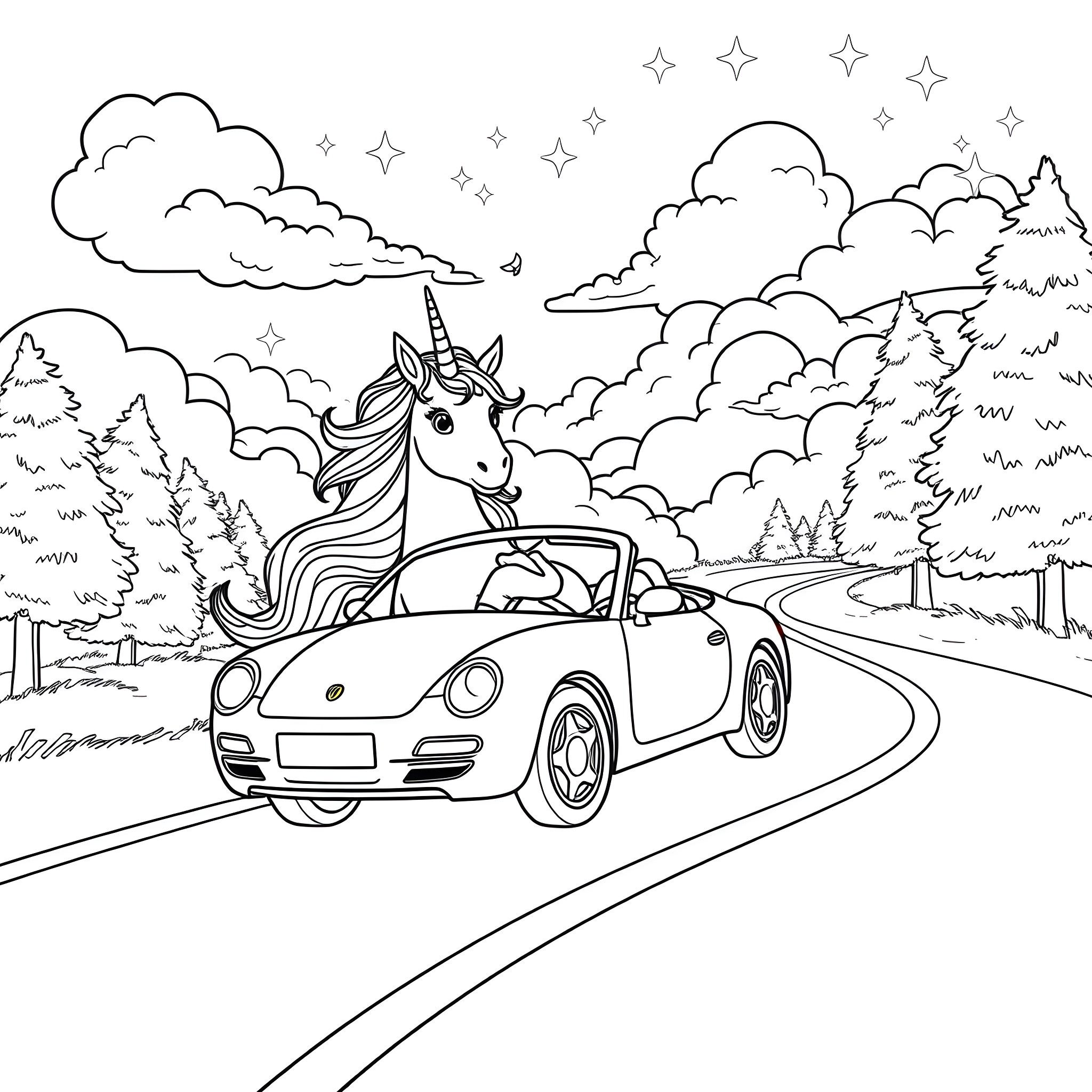 Unicorn riding a car on a winding road Coloring Page (free black-and-white line drawing printable PDF for all, from beginners to advanced learners, including children, teens, adults, and seniors)