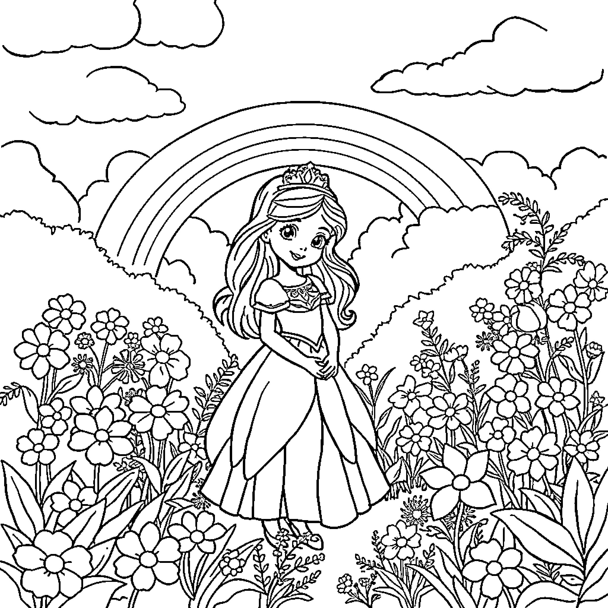 Princess in a Floral Garden under a Rainbow Coloring Page (free black-and-white line drawing printable PDF for all, from beginners to advanced learners, including children, teens, adults, and seniors)