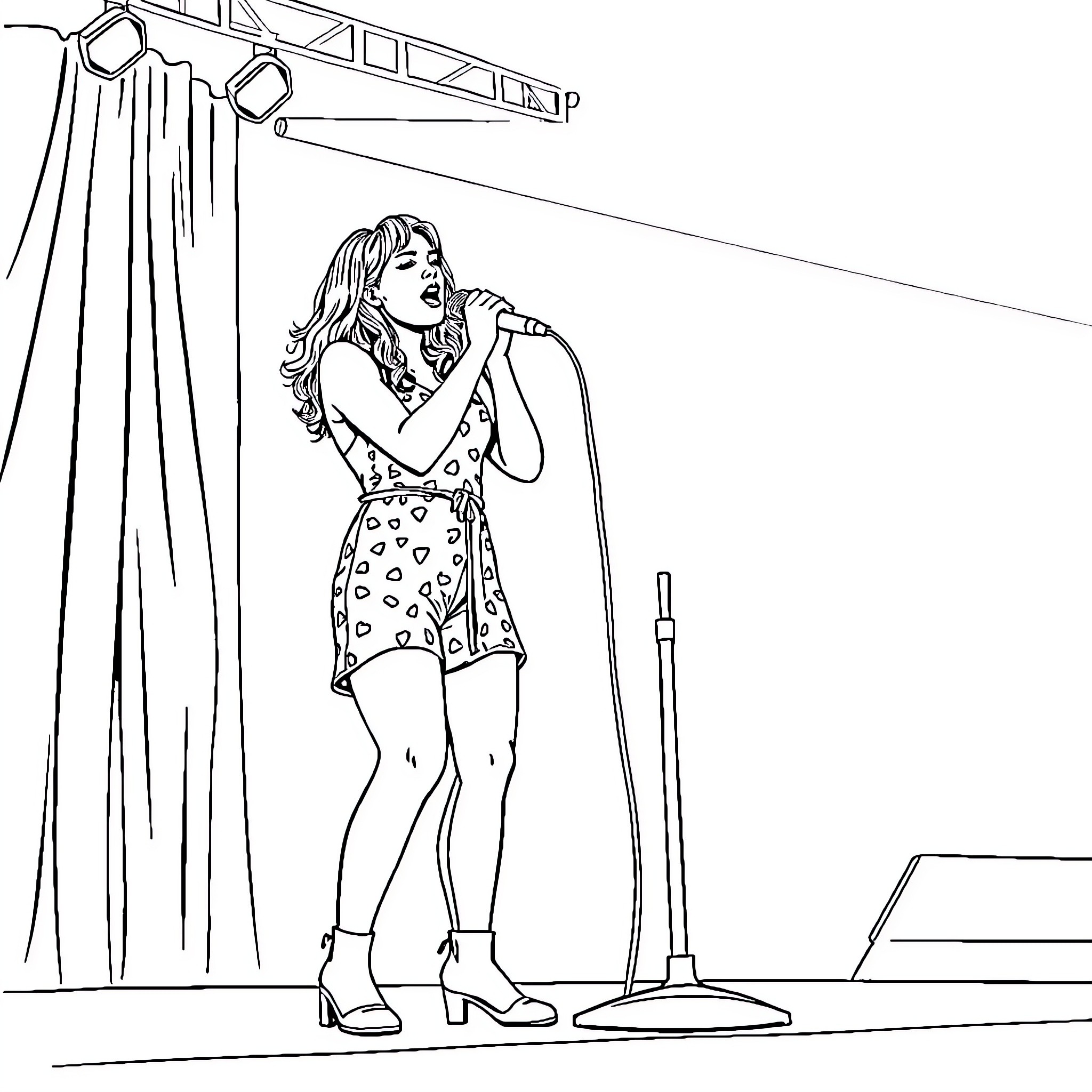 Tove Lo performing passionately on stage Coloring Page (free black-and-white line drawing printable PDF for all, from beginners to advanced learners, including children, teens, adults, and seniors)