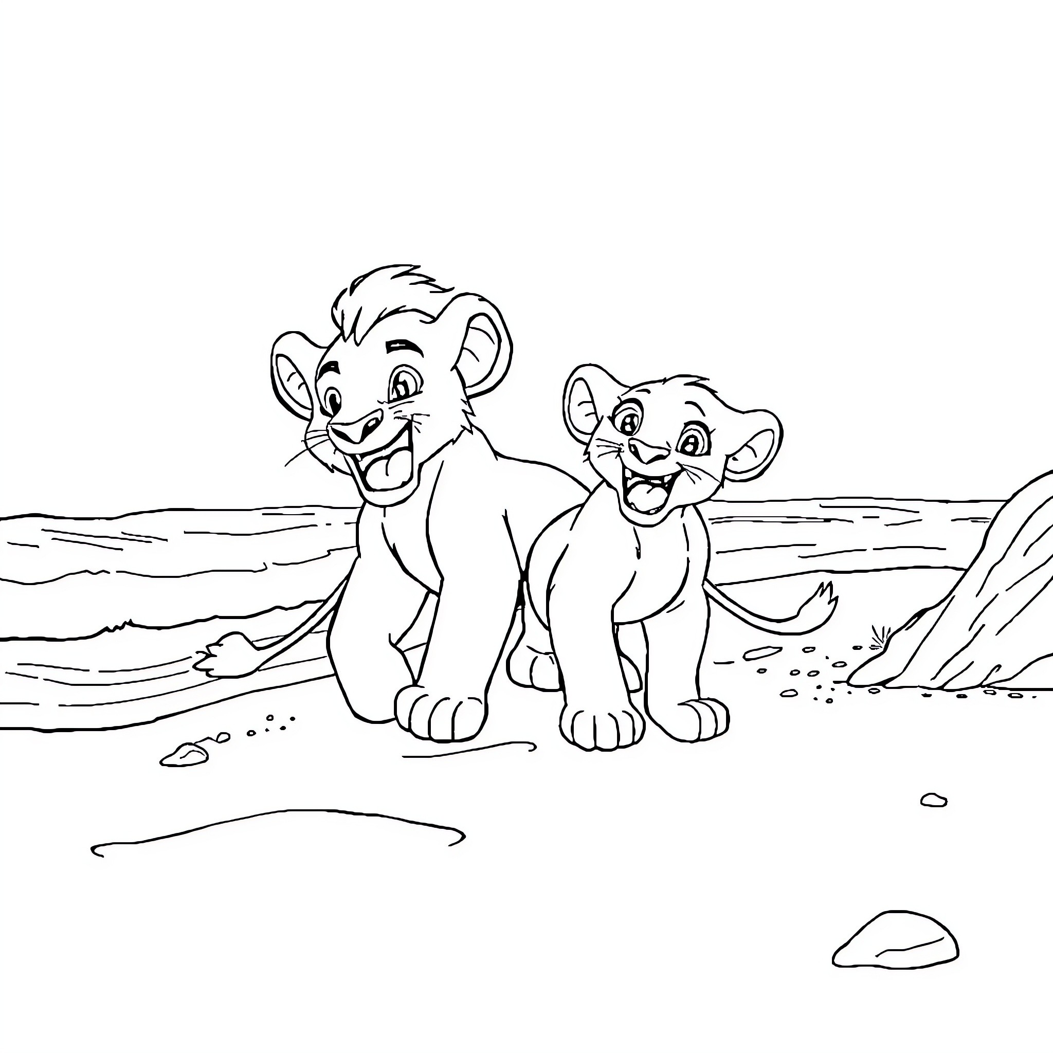Simba and Nala playing in the savanna Coloring Page (free black-and-white line drawing printable PDF for all, from beginners to advanced learners, including children, teens, adults, and seniors)