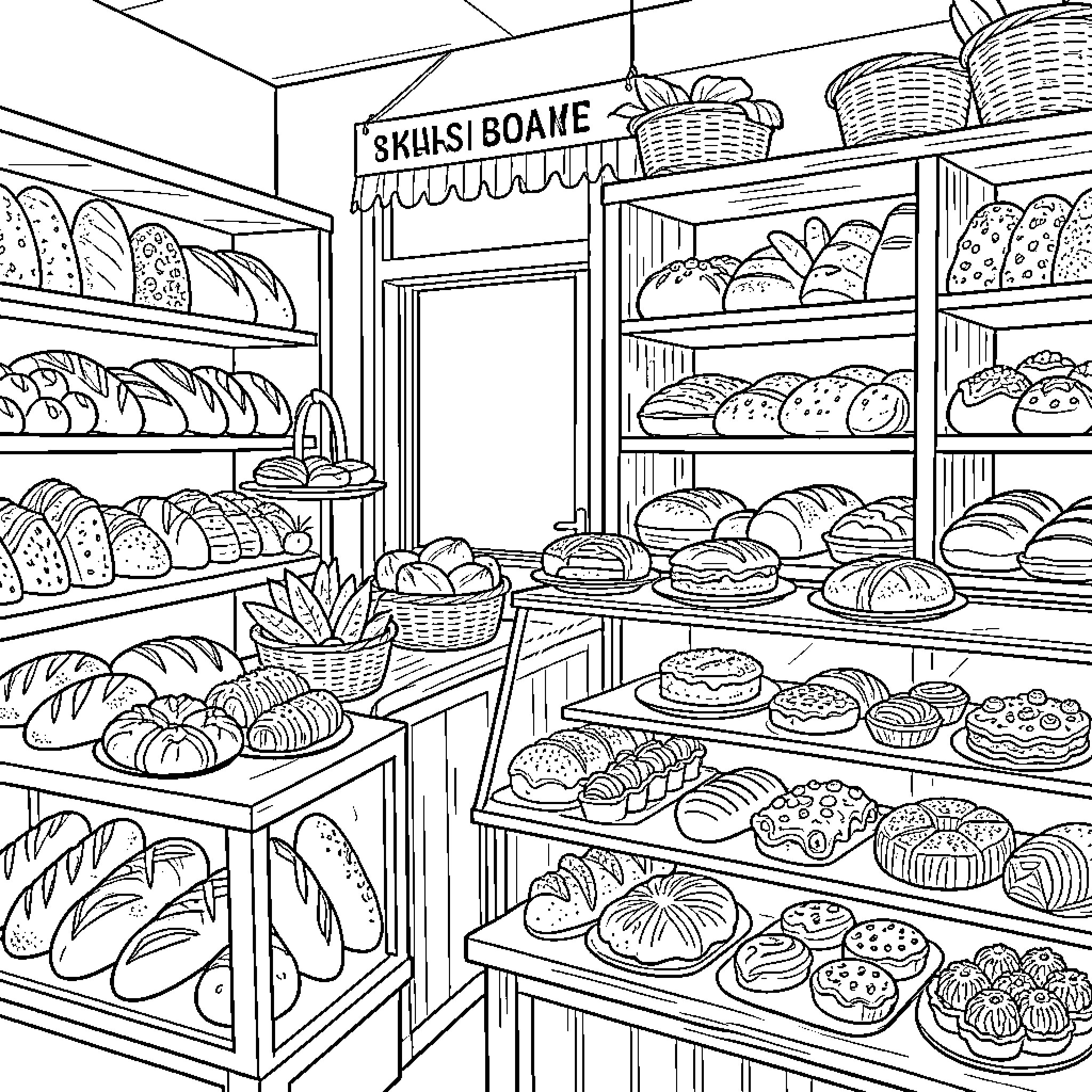 Bakery displaying a variety of fresh breads and pastries Coloring Page (free black-and-white line drawing printable PDF for all, from beginners to advanced learners, including children, teens, adults, and seniors)