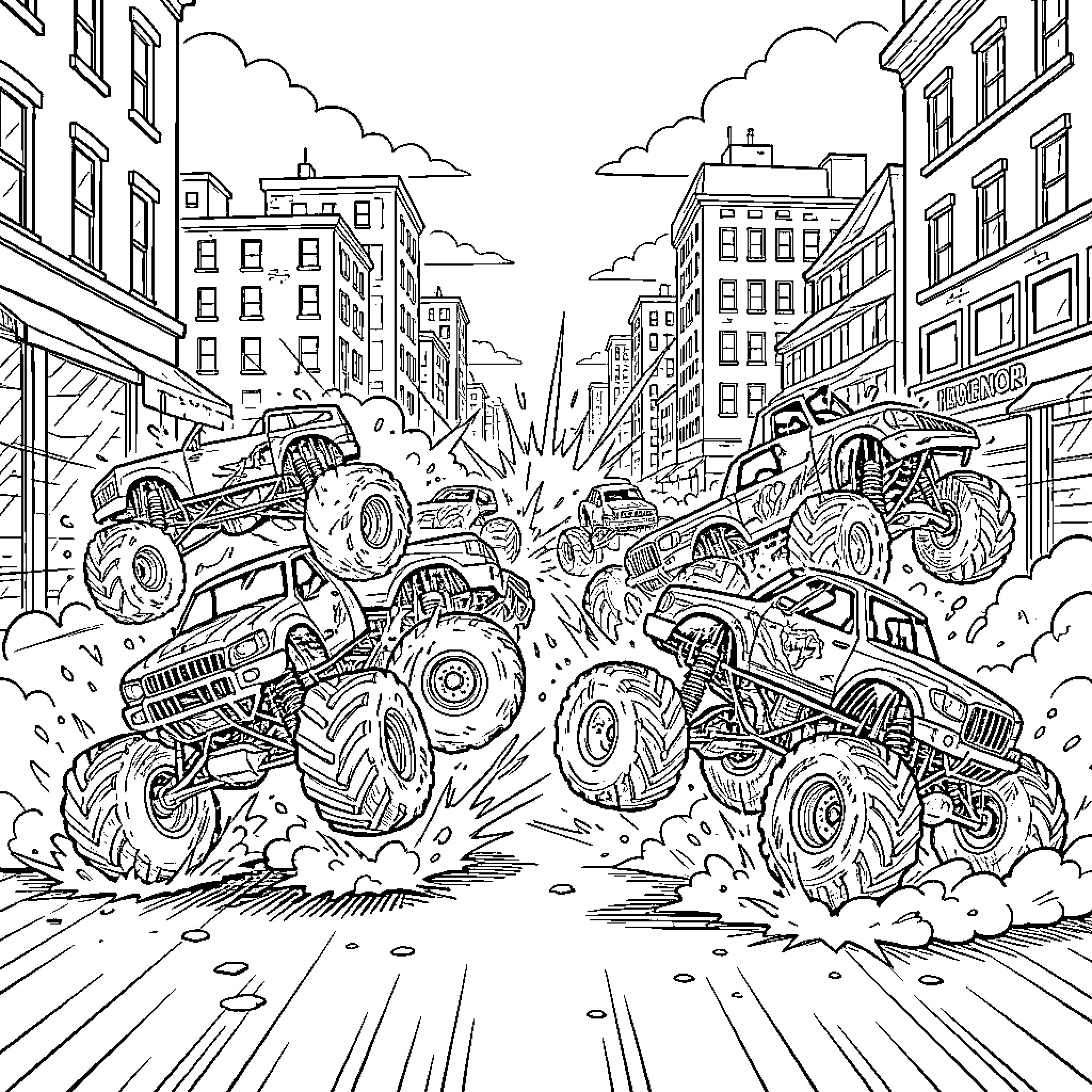 Monster Truck performing stunts through city streets Coloring Page (free black-and-white line drawing printable PDF for all, from beginners to advanced learners, including children, teens, adults, and seniors)
