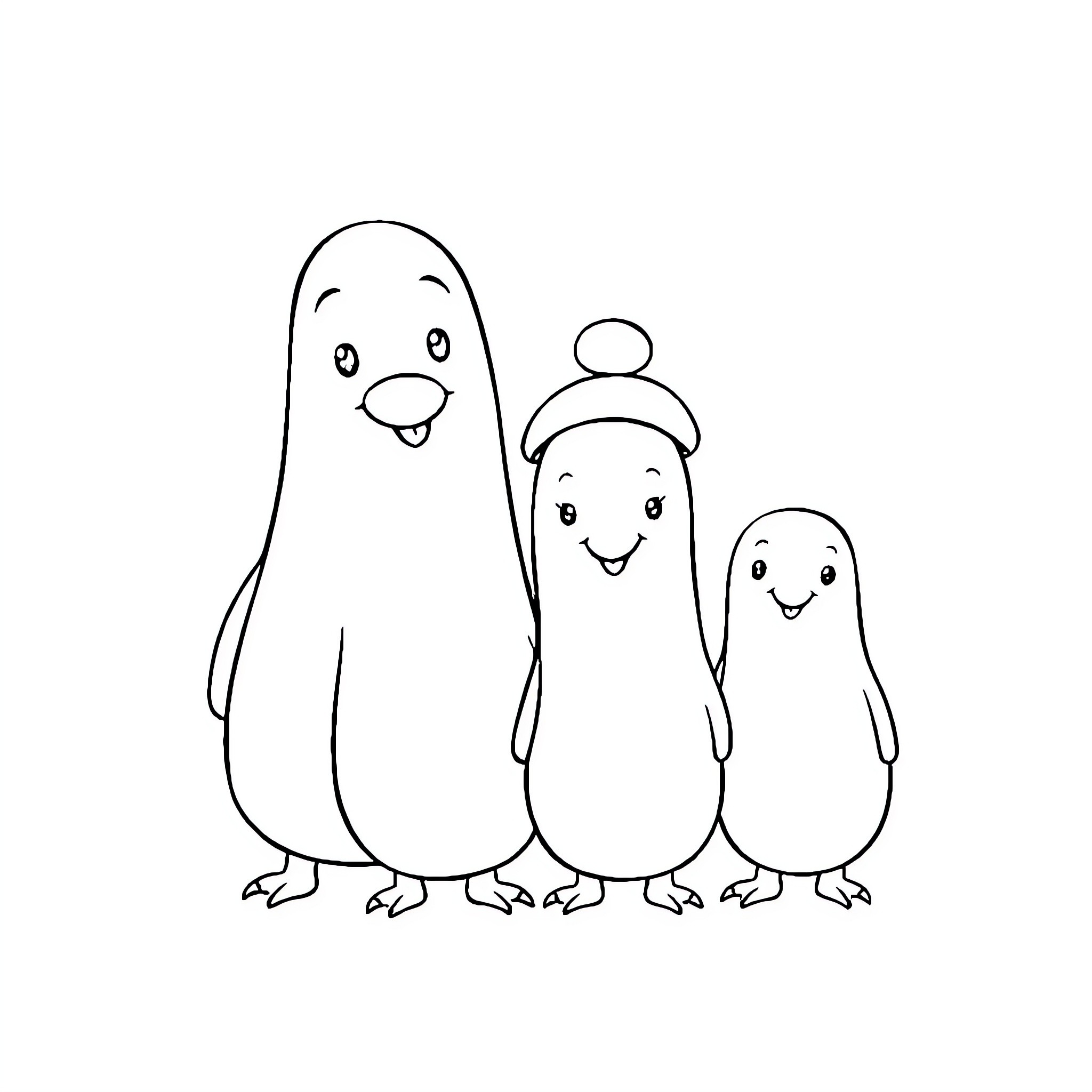 Cornichon family in whimsical poses Coloring Page (free black-and-white line drawing printable PDF for all, from beginners to advanced learners, including children, teens, adults, and seniors)