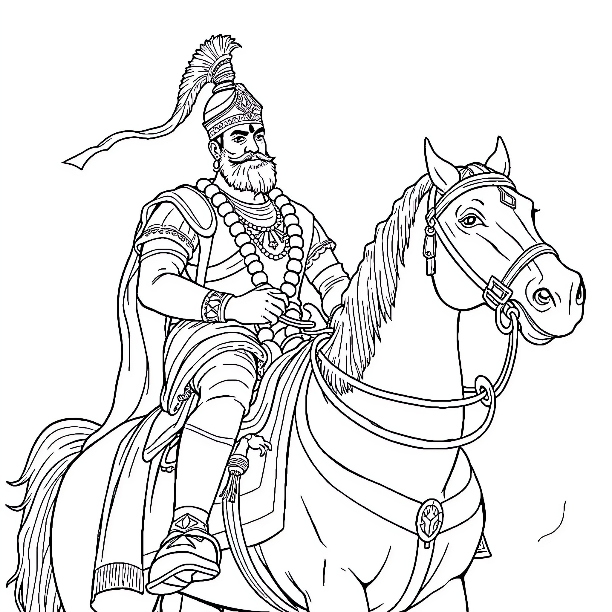 Chatrapati Shivaji Maharaj on horseback in regal attire Coloring Page (free black-and-white line drawing printable PDF for all, from beginners to advanced learners, including children, teens, adults, and seniors)