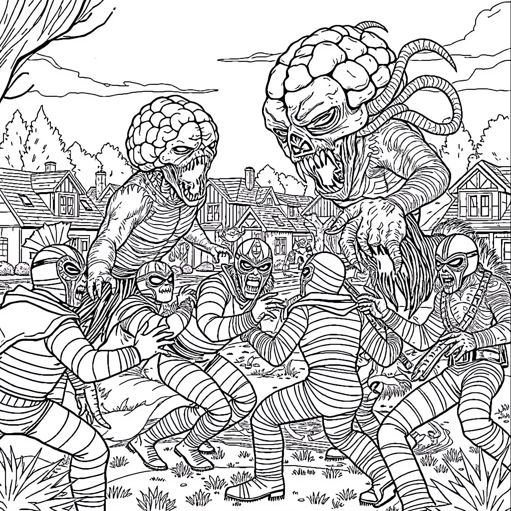 Wrestler Alien Invaders Attacking Defenseless Townspeople Coloring Page (free black-and-white line drawing printable PDF for all, from beginners to advanced learners, including children, teens, adults, and seniors)