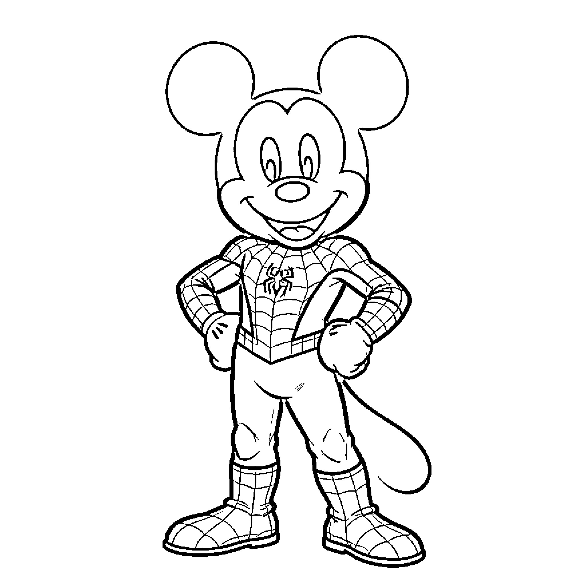 Mickey Mouse wearing a superhero costume and posing confidently Coloring Page (free black-and-white line drawing printable PDF for all, from beginners to advanced learners, including children, teens, adults, and seniors)