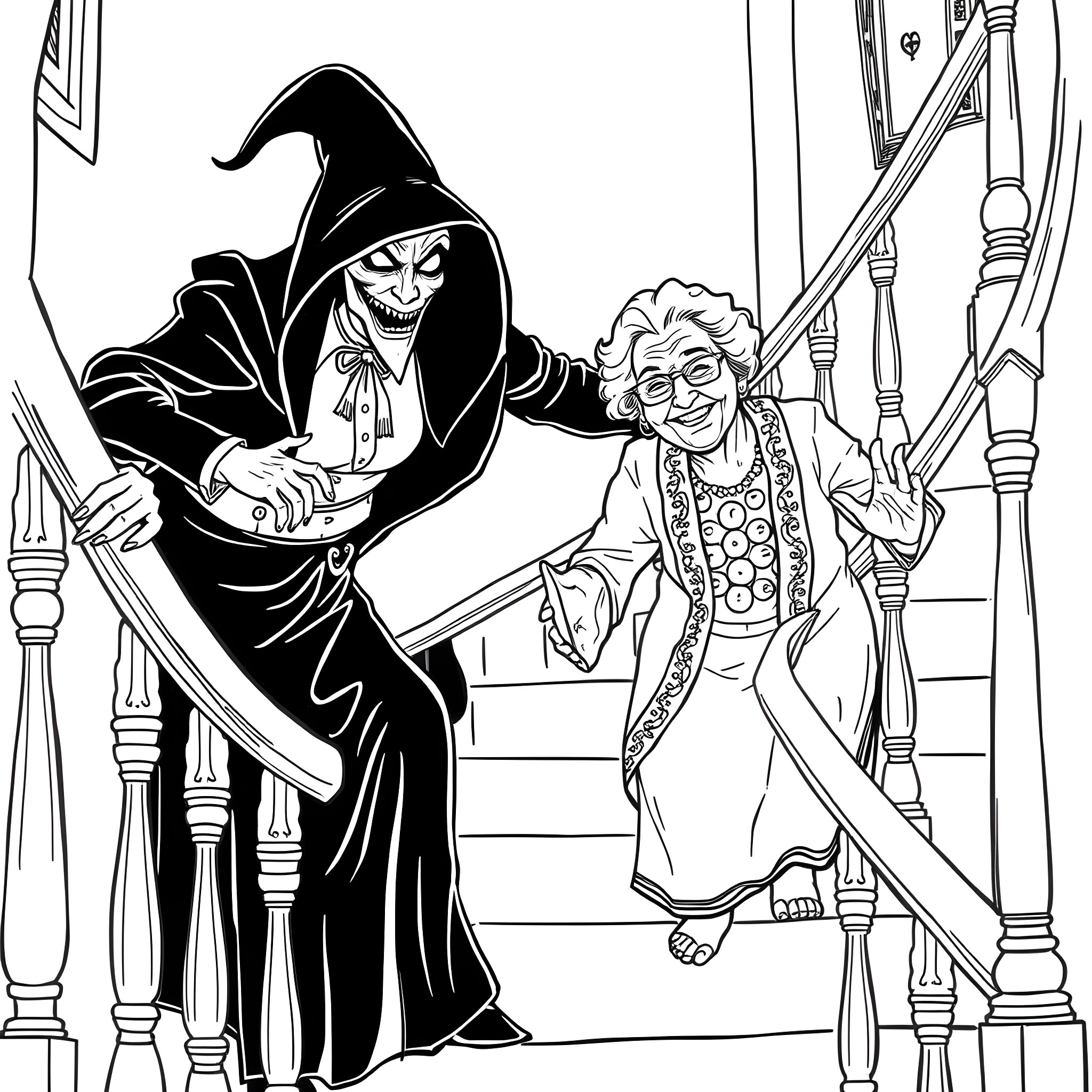 Grandma's Haunting Encounter with the Grim Reaper Coloring Page (free black-and-white line drawing printable PDF for all, from beginners to advanced learners, including children, teens, adults, and seniors)