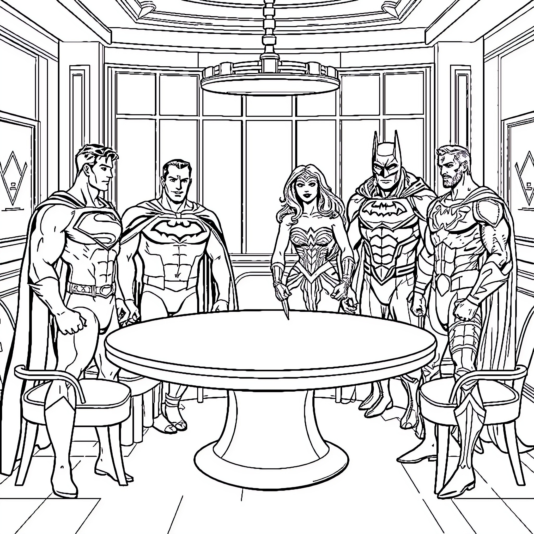 Justice League Superheroes Gathered at the Table Coloring Page (free black-and-white line drawing printable PDF for all, from beginners to advanced learners, including children, teens, adults, and seniors)