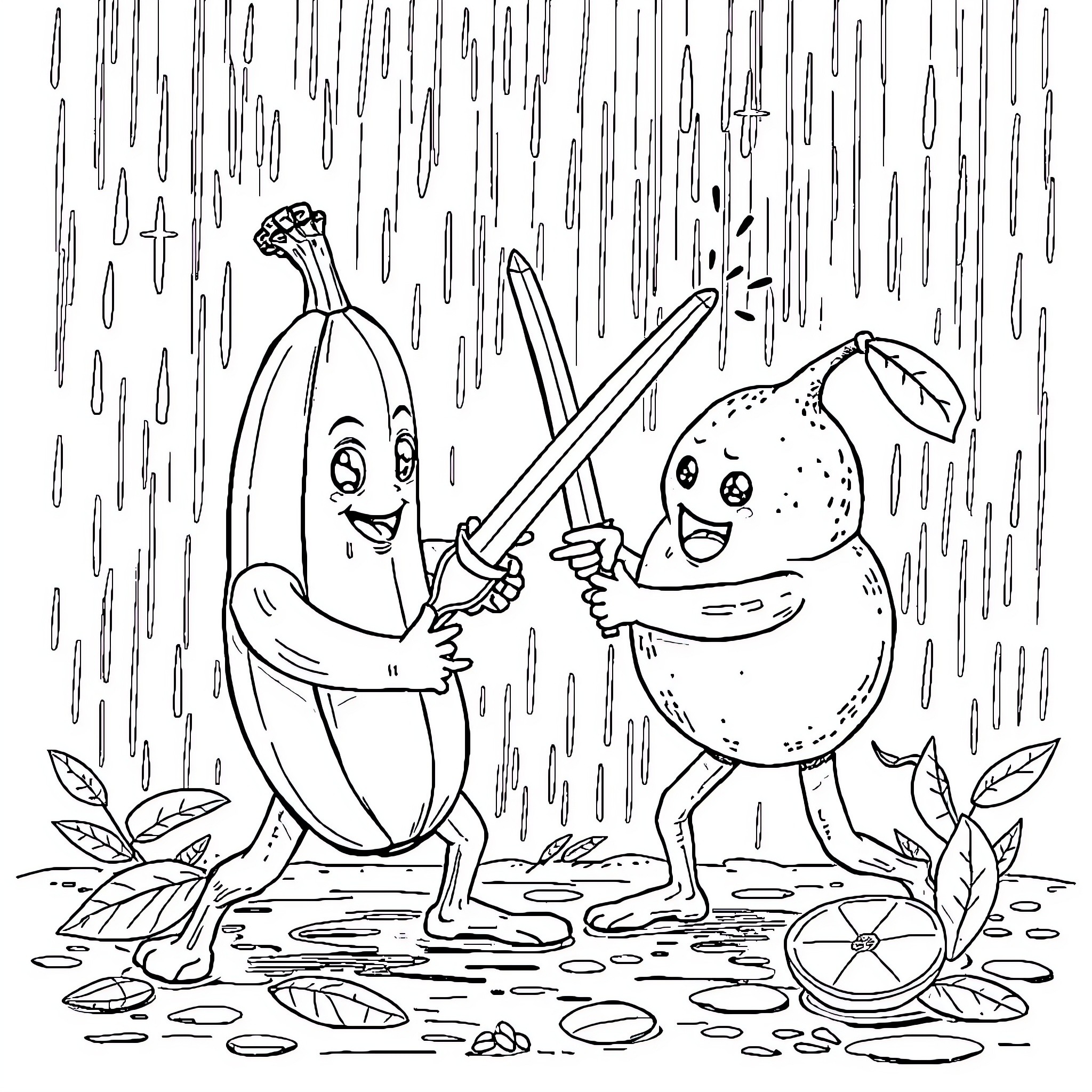 Banana characters playing in the rain Coloring Page (free black-and-white line drawing printable PDF for all, from beginners to advanced learners, including children, teens, adults, and seniors)
