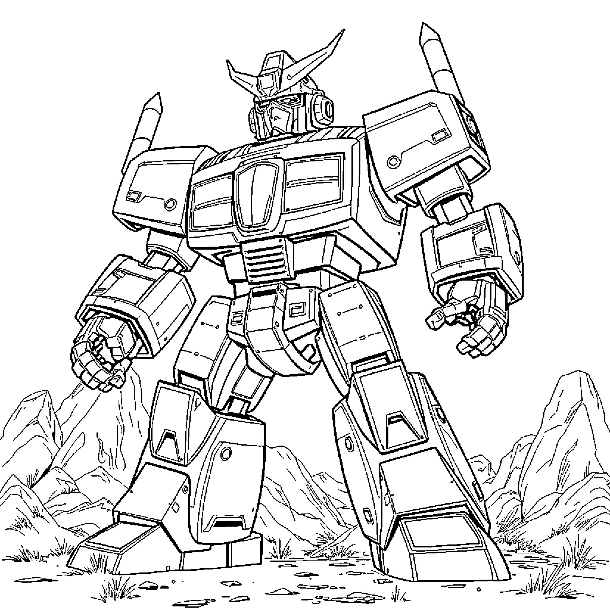 Goldorak battling in a rocky landscape Coloring Page (free black-and-white line drawing printable PDF for all, from beginners to advanced learners, including children, teens, adults, and seniors)