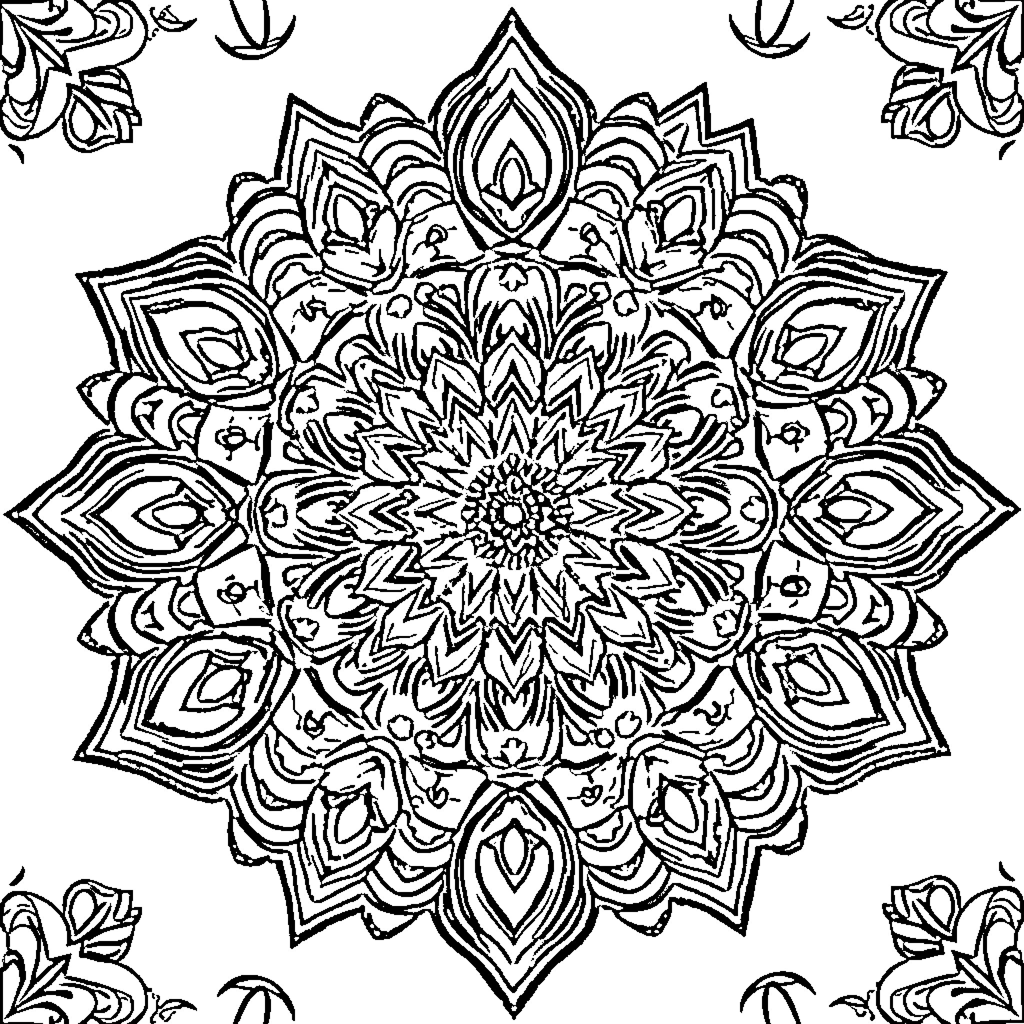 Mandala of intricate floral patterns Coloring Page (free black-and-white line drawing printable PDF for all, from beginners to advanced learners, including children, teens, adults, and seniors)