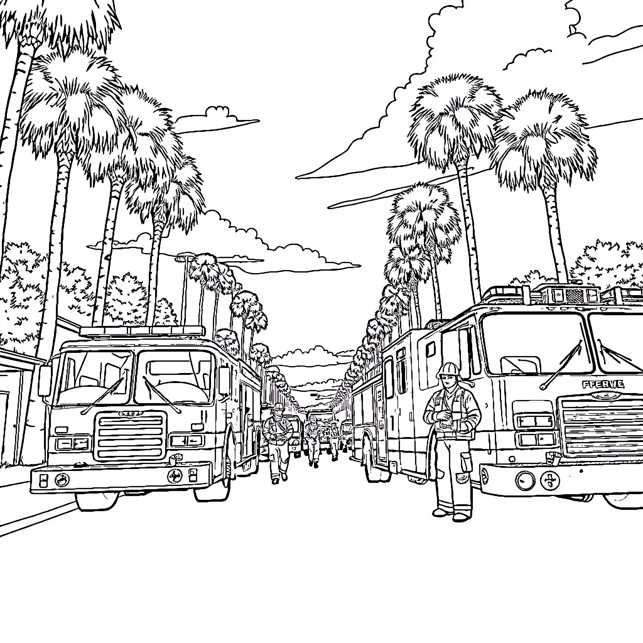 Firefighters responding to emergency scene in city Coloring Page (free black-and-white line drawing printable PDF for all, from beginners to advanced learners, including children, teens, adults, and seniors)