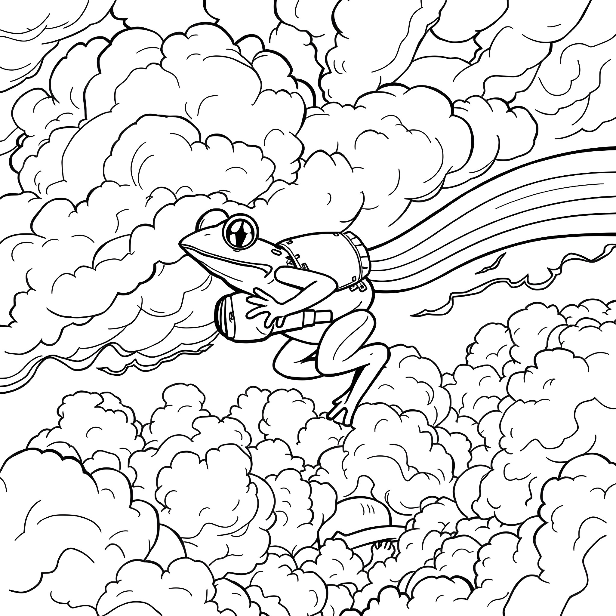 Frog jumping through swirling clouds Coloring Page (free black-and-white line drawing printable PDF for all, from beginners to advanced learners, including children, teens, adults, and seniors)