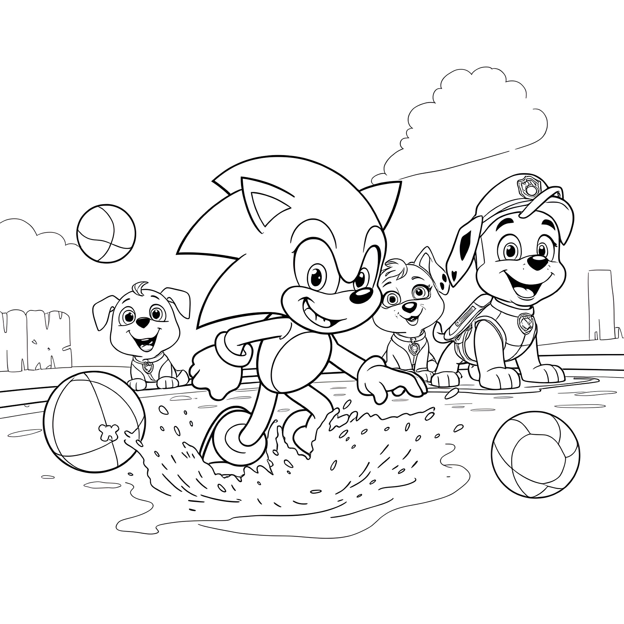 Sonic and friends playing joyfully together Coloring Page (free black-and-white line drawing printable PDF for all, from beginners to advanced learners, including children, teens, adults, and seniors)