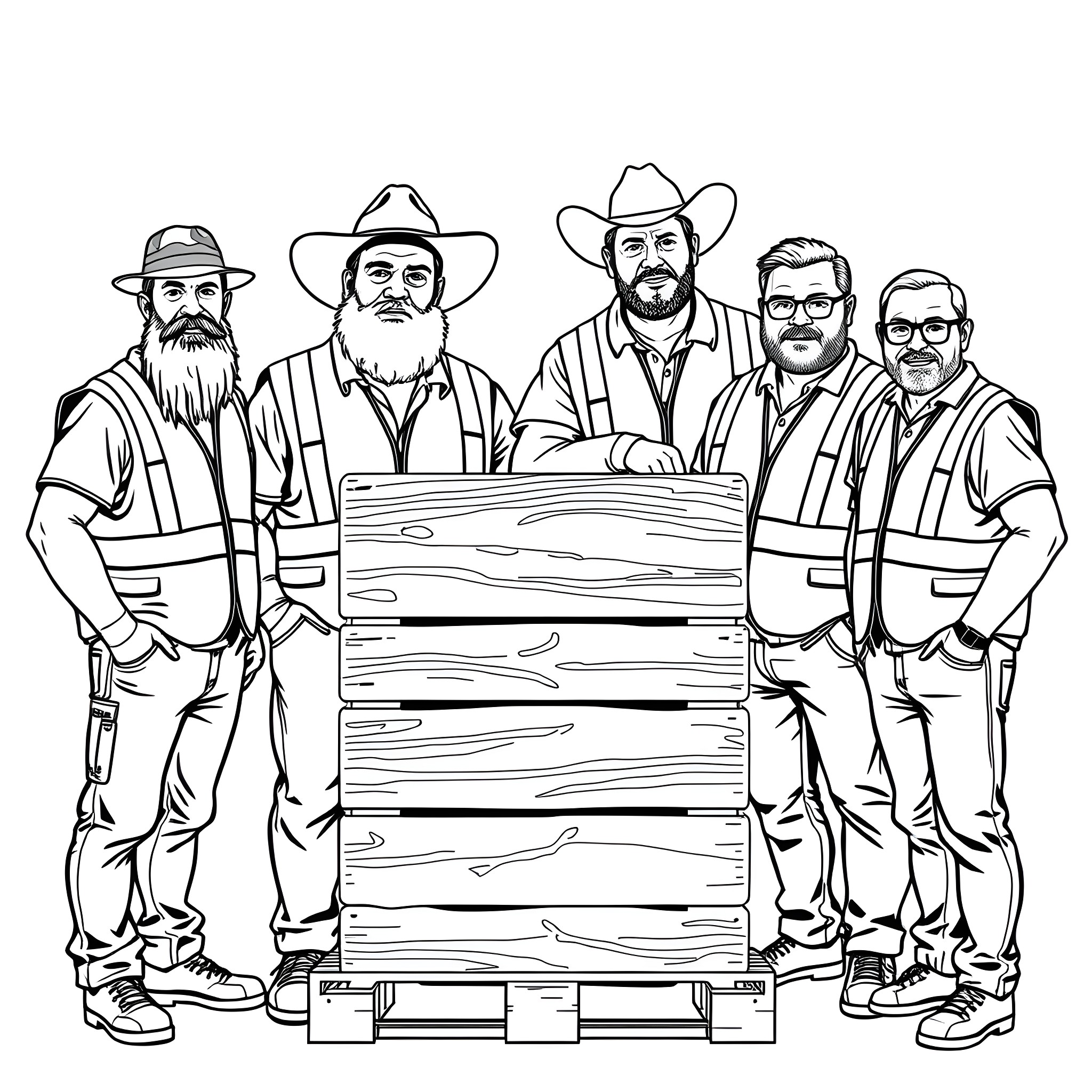 Men working together with crate Coloring Page (free black-and-white line drawing printable PDF for all, from beginners to advanced learners, including children, teens, adults, and seniors)