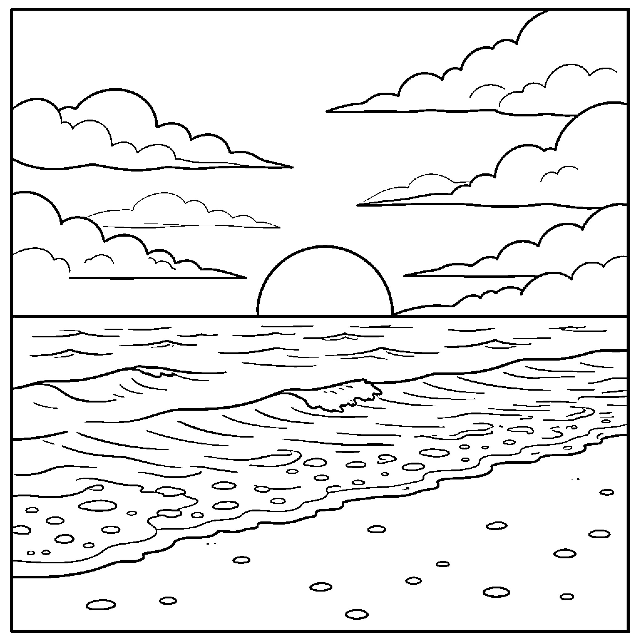 Beach scene with sunset and clouds Coloring Page (free black-and-white line drawing printable PDF for all, from beginners to advanced learners, including children, teens, adults, and seniors)