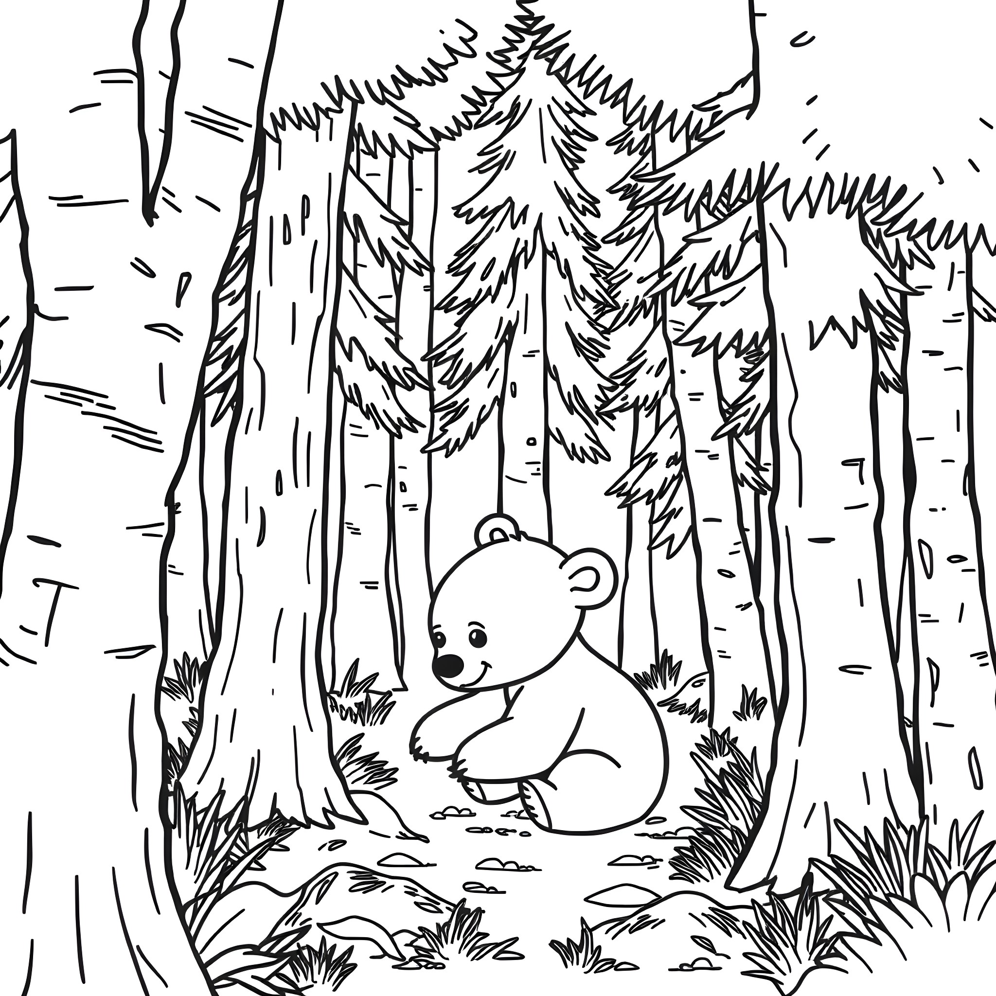 Bear in the Wilderness Coloring Page (free black-and-white line drawing printable PDF for all, from beginners to advanced learners, including children, teens, adults, and seniors)