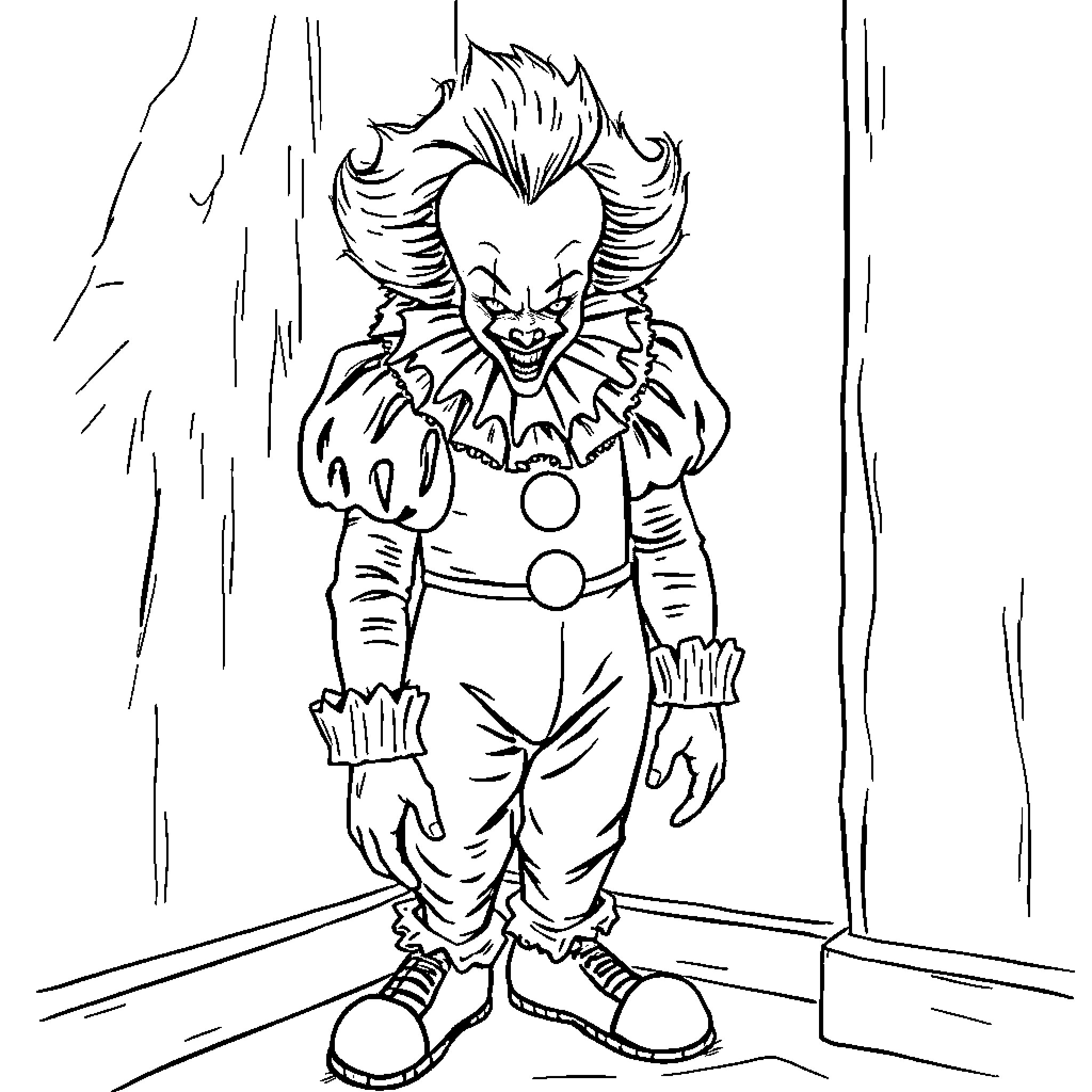 Pennywise the Clown in a Menacing Pose Coloring Page (free black-and-white line drawing printable PDF for all, from beginners to advanced learners, including children, teens, adults, and seniors)